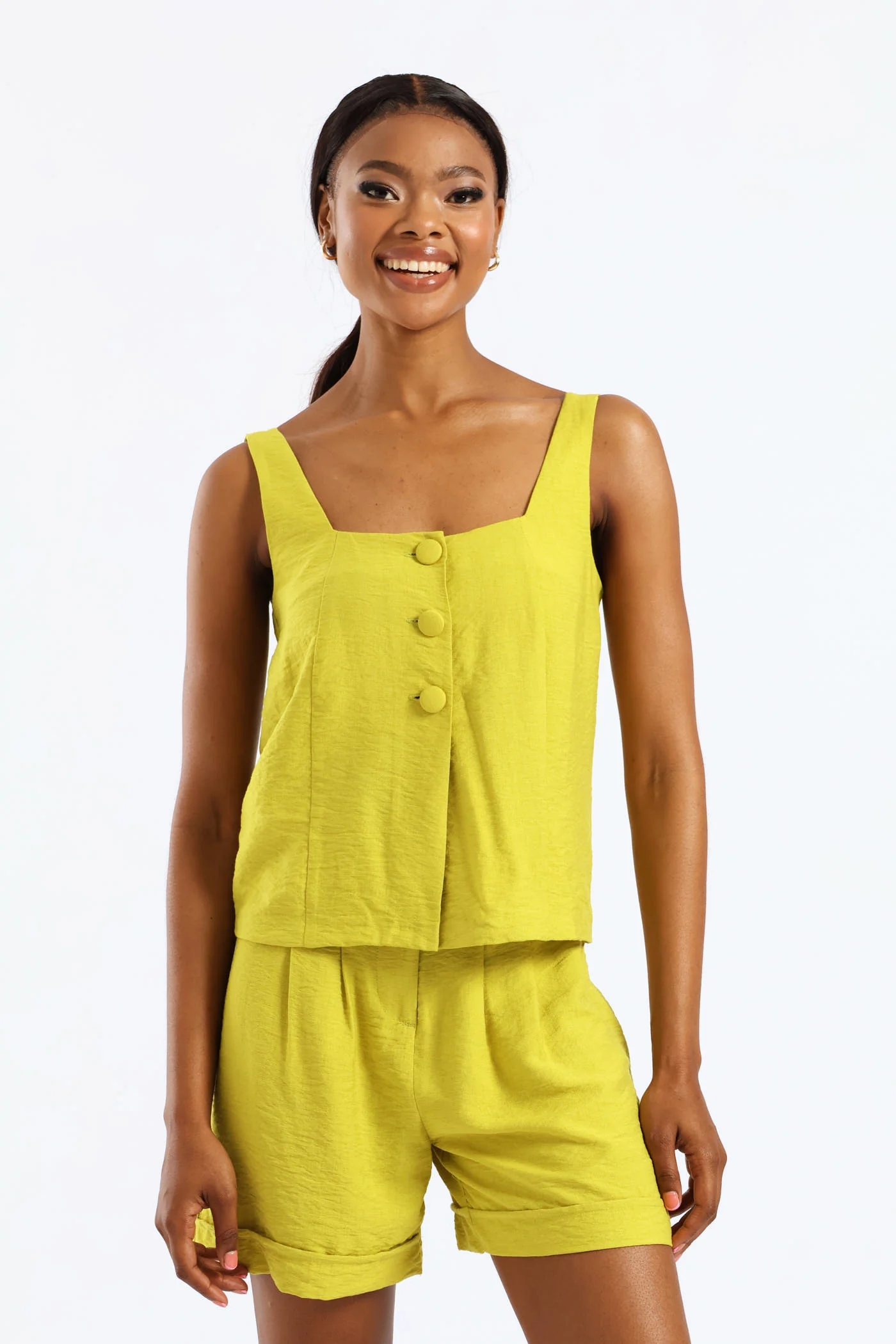 Button Front Linen Look Cami Top - Chartreuse - Image 5