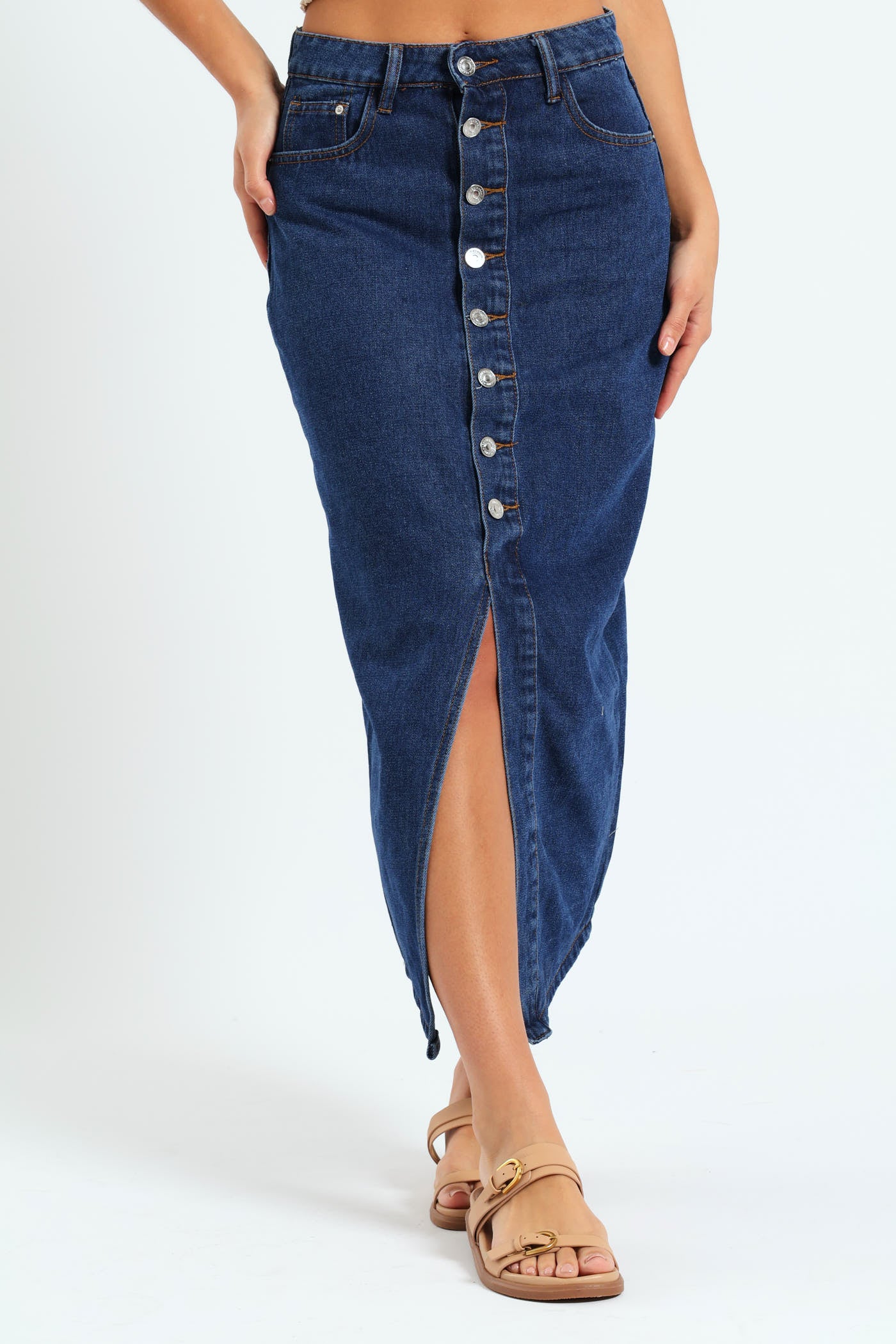 Button Front Maxi Skirt - Med Wash