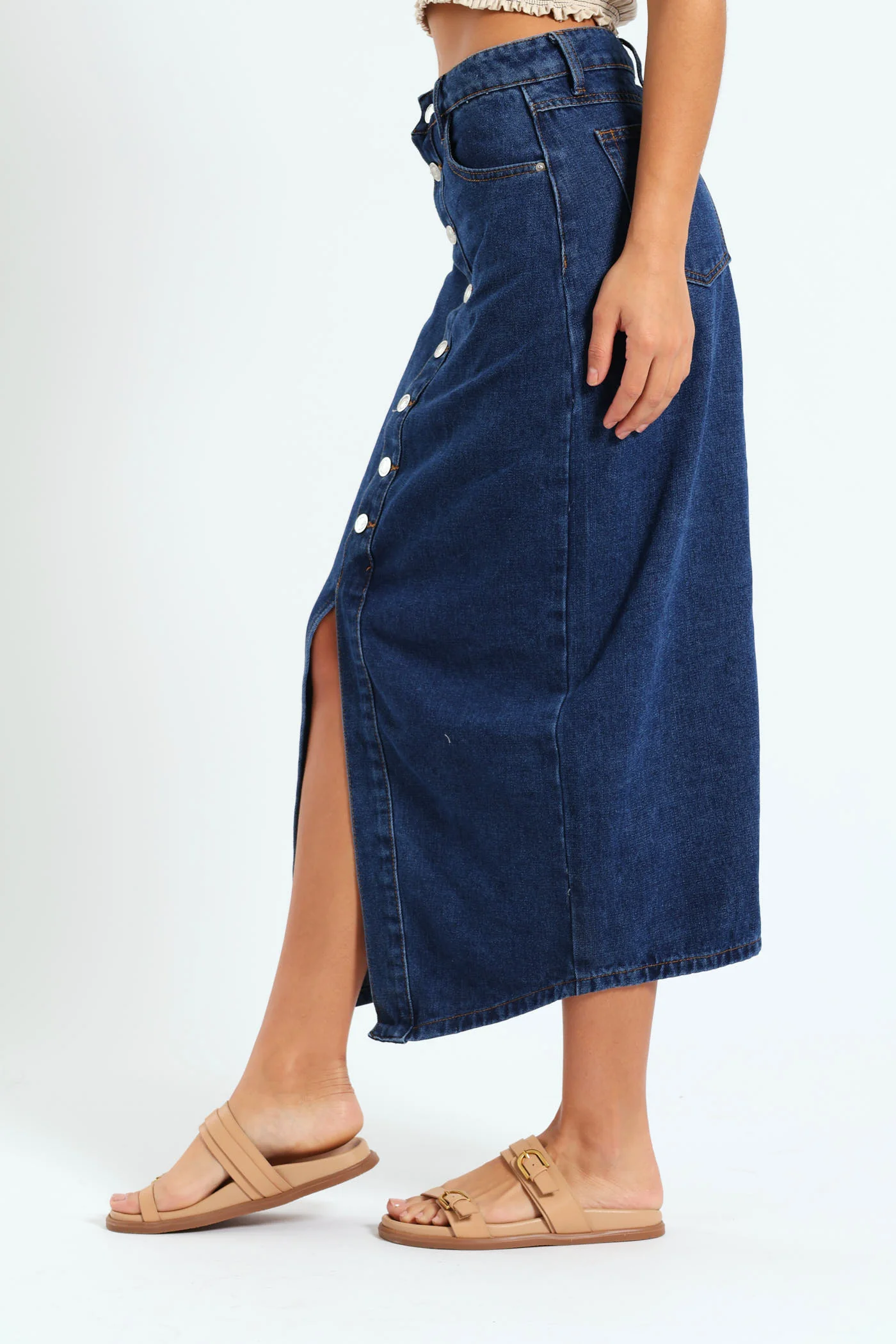 Button Front Maxi Skirt - Med Wash - Image 3