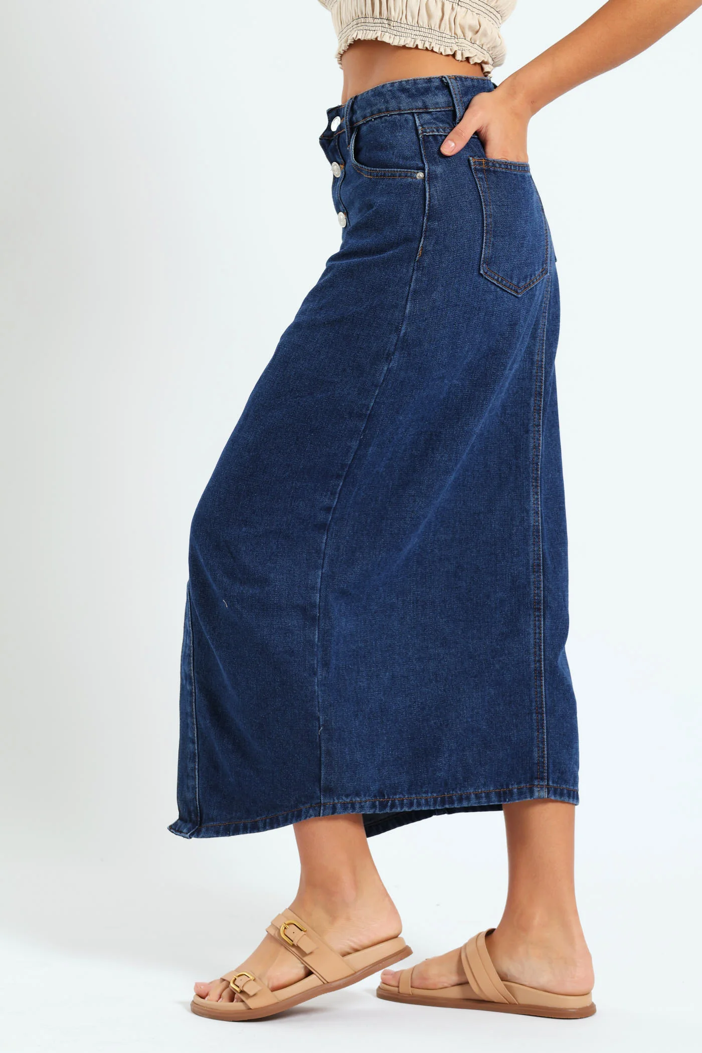 Button Front Maxi Skirt - Med Wash - Image 4