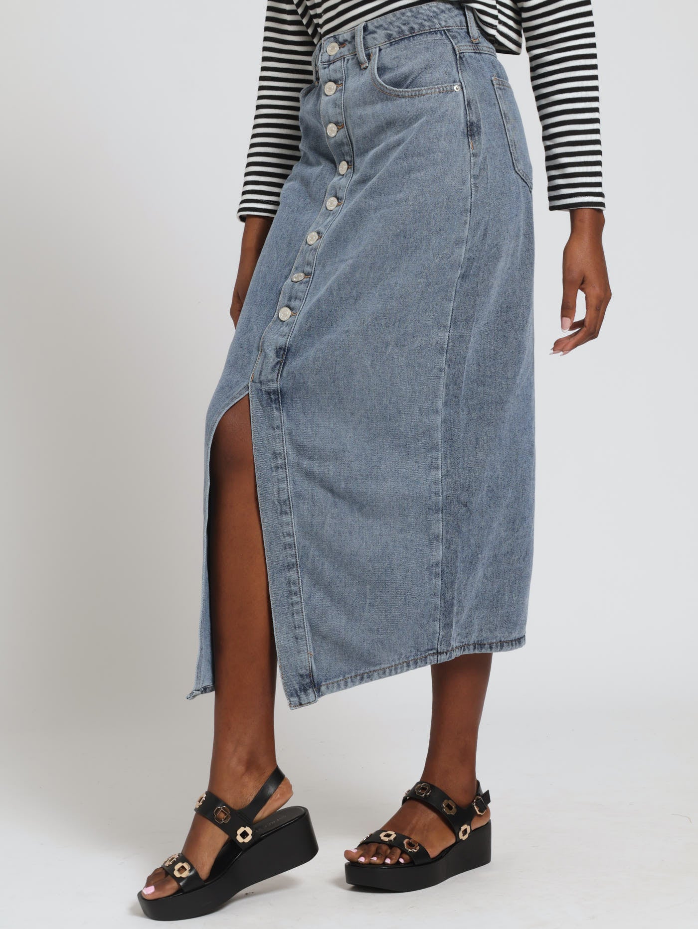 Button Front Midi Skirt - Stonewash - Image 3