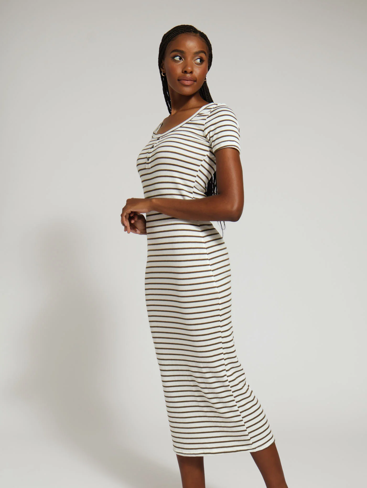 Button Front Stripe Maxi Dress - Fatigue - Image 2