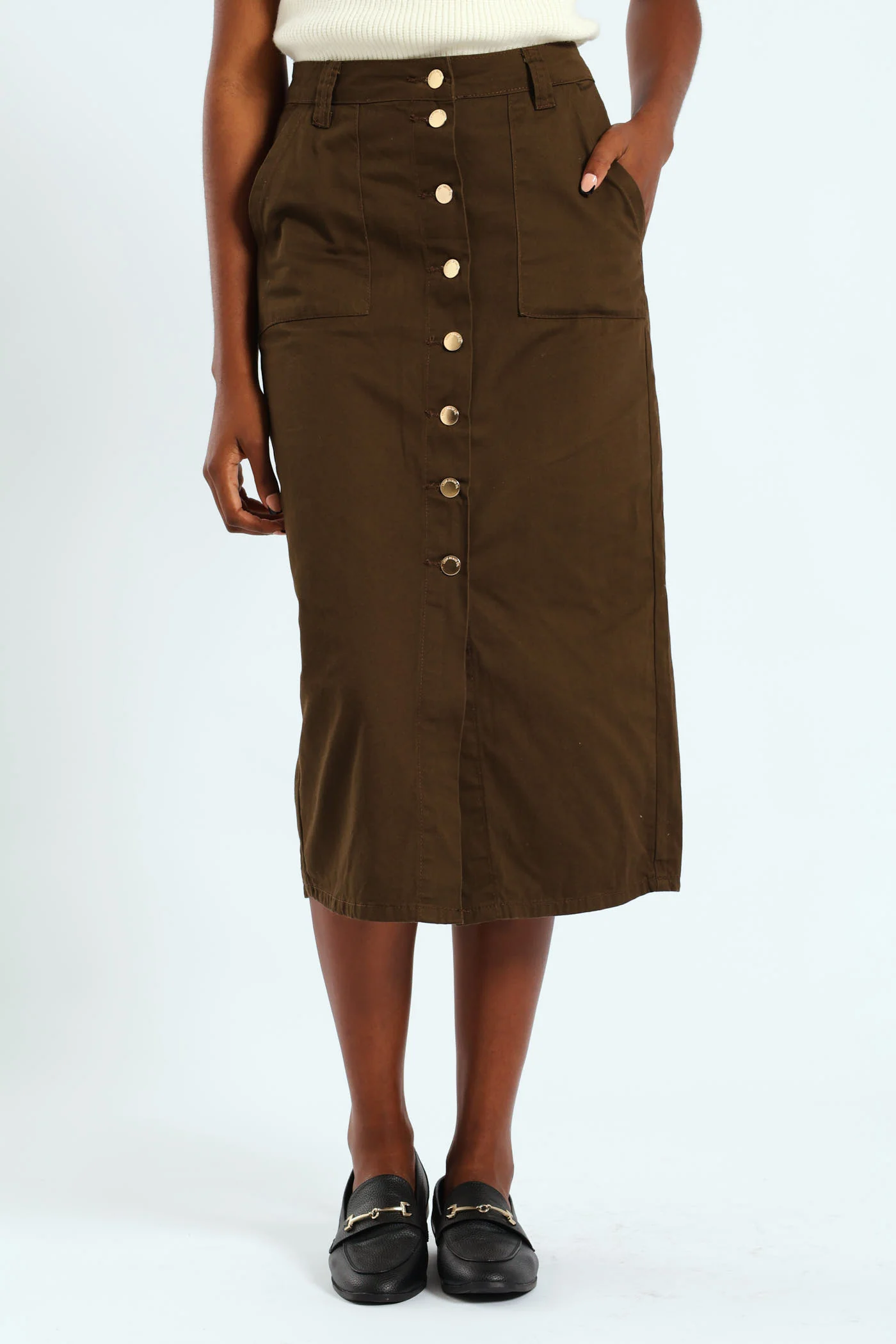 Button Front Twill Skirt - Brown