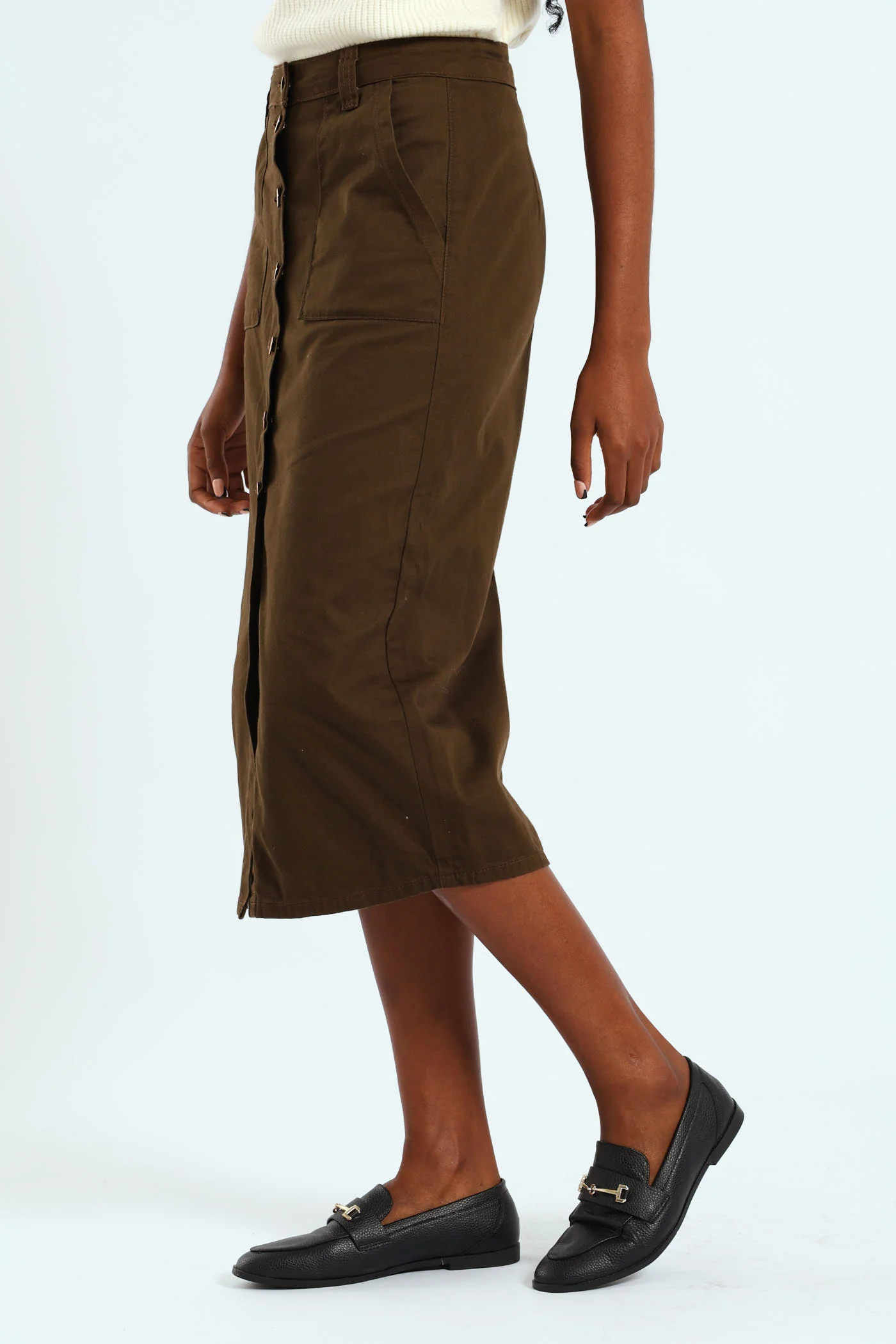 Button Front Twill Skirt - Brown - Image 3