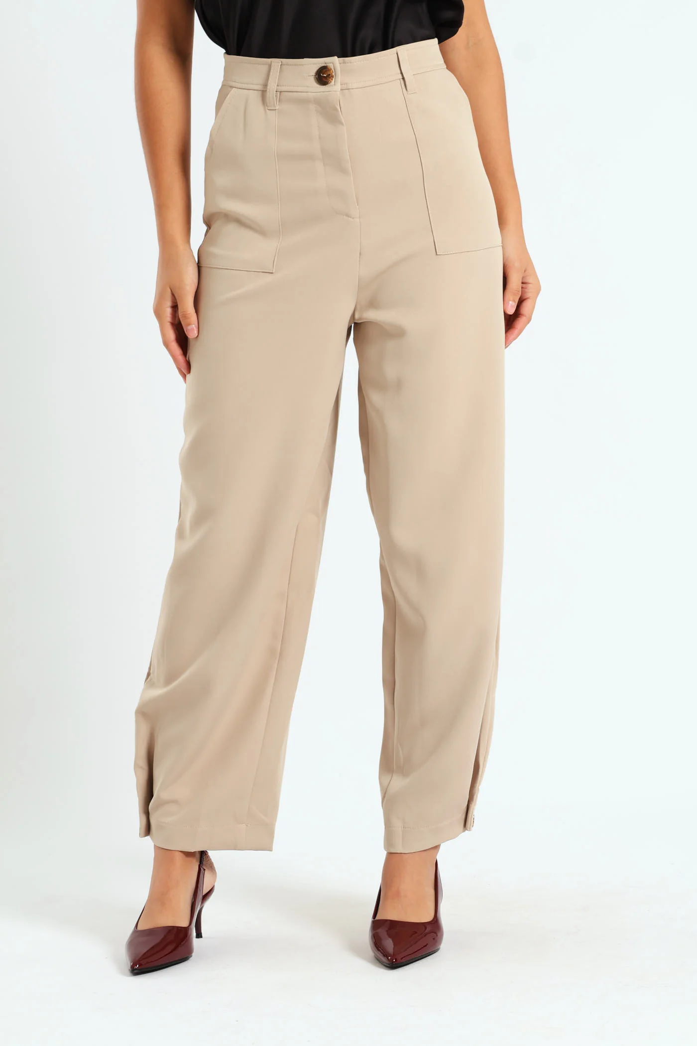 Button Hem Utility Pants - Stone