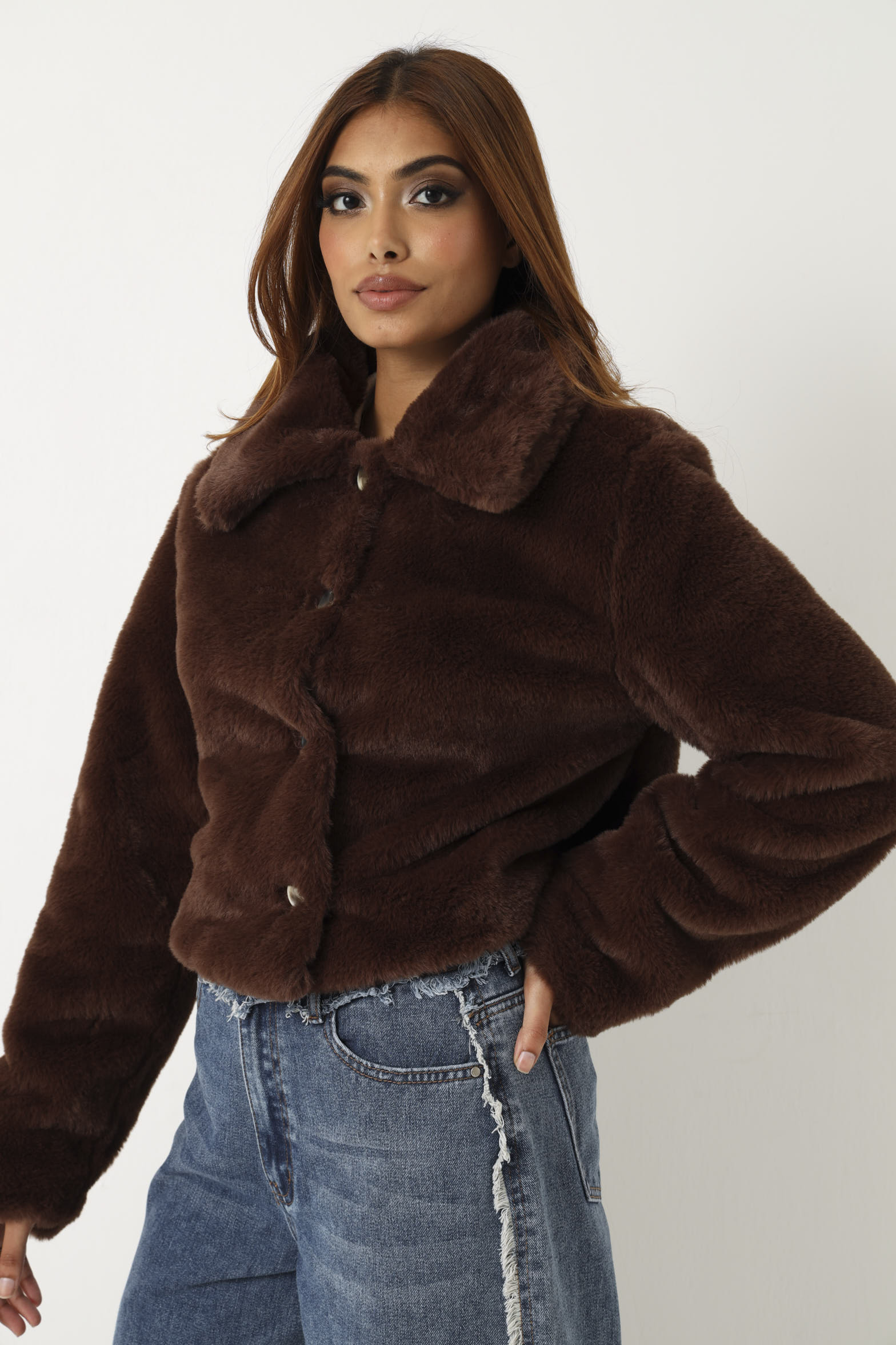 Button Through Fur Jacket - Chocolate - Image 3