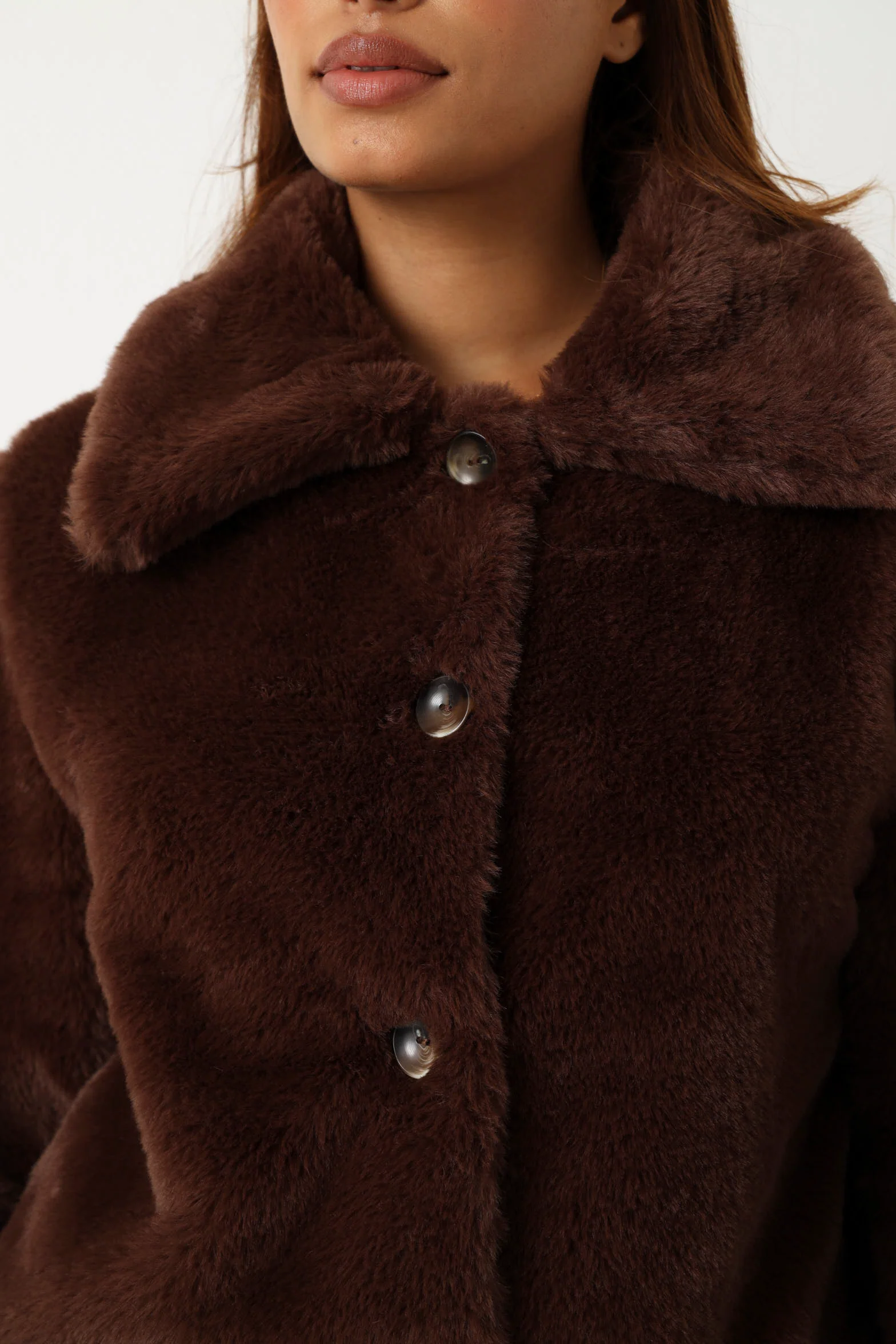 Button Through Fur Jacket - Chocolate - Image 4