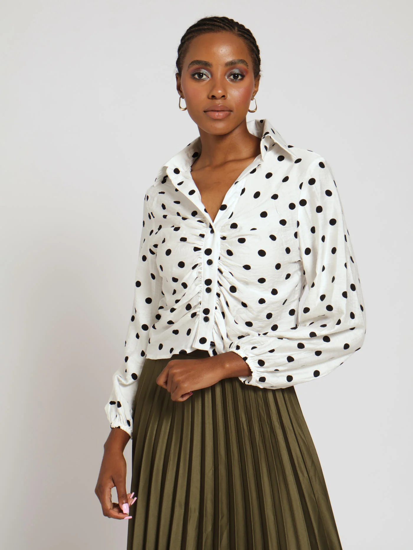 Button Through Gauged Long Sleeve Top