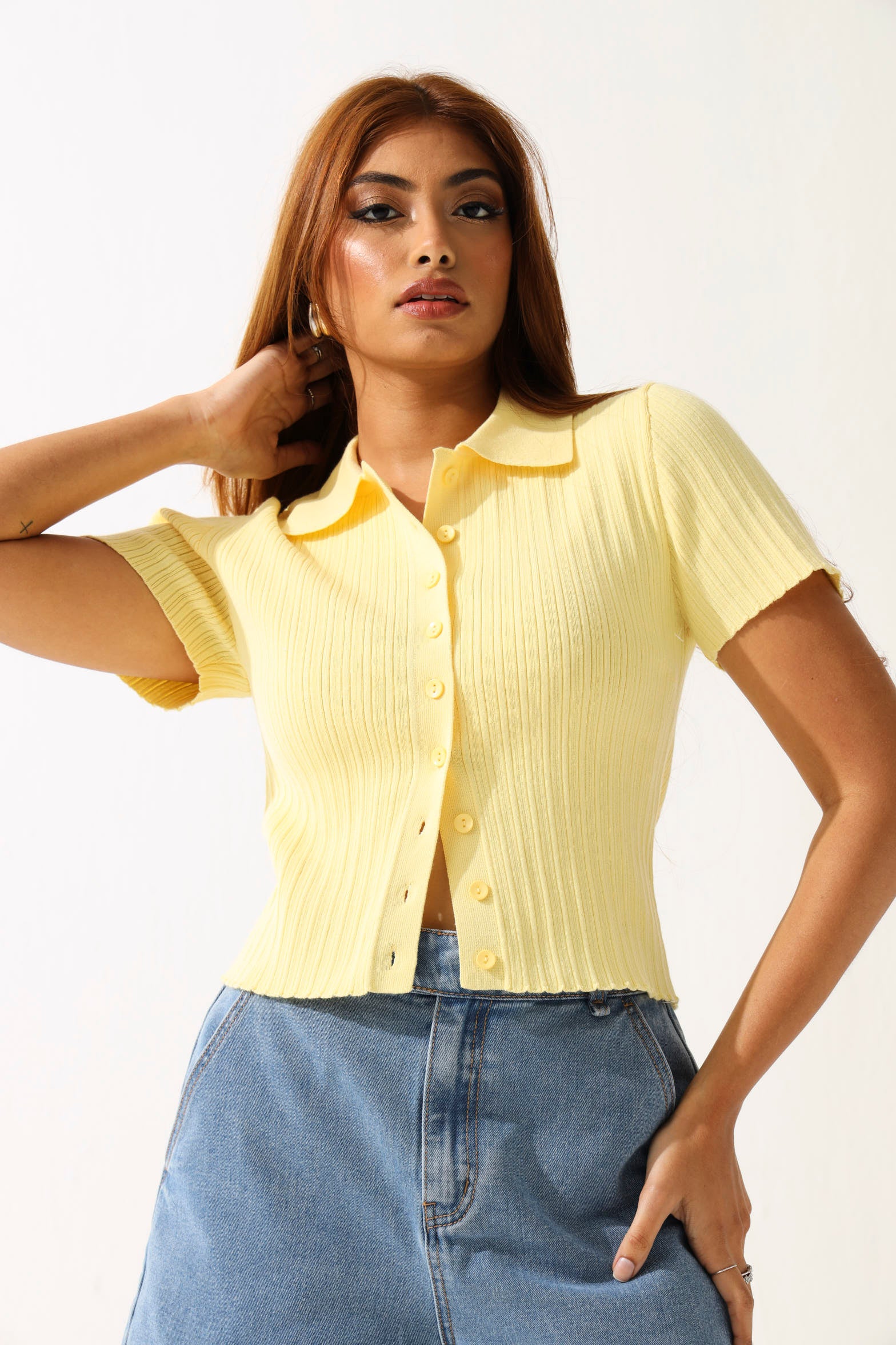 Button Through Knitwear Golfer - Yellow - Image 2