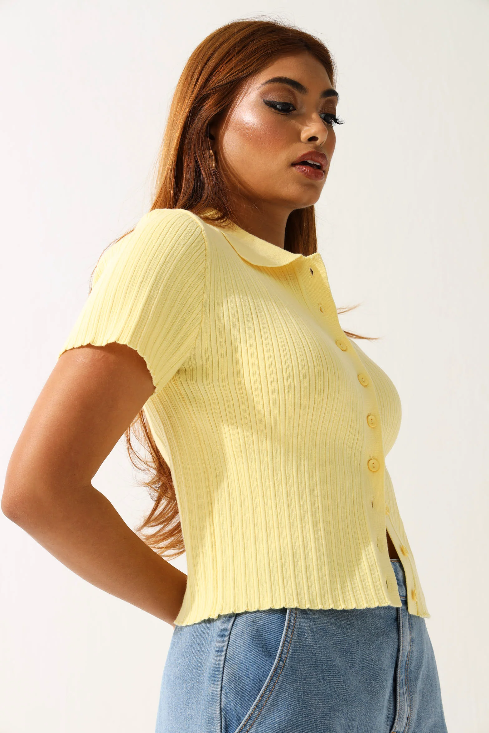 Button Through Knitwear Golfer - Yellow - Image 3