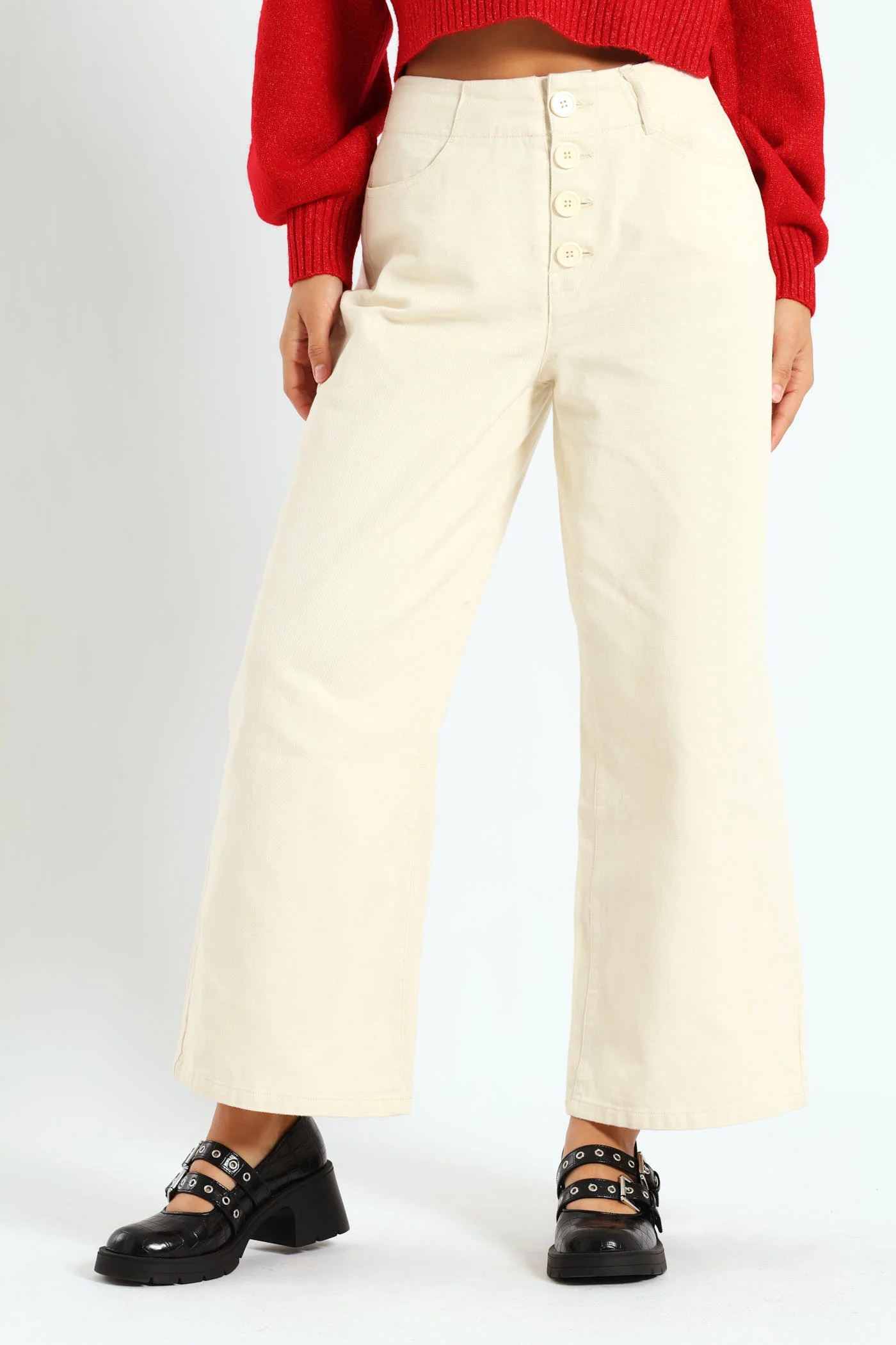 Button Trim Wide Leg Jean - Cream