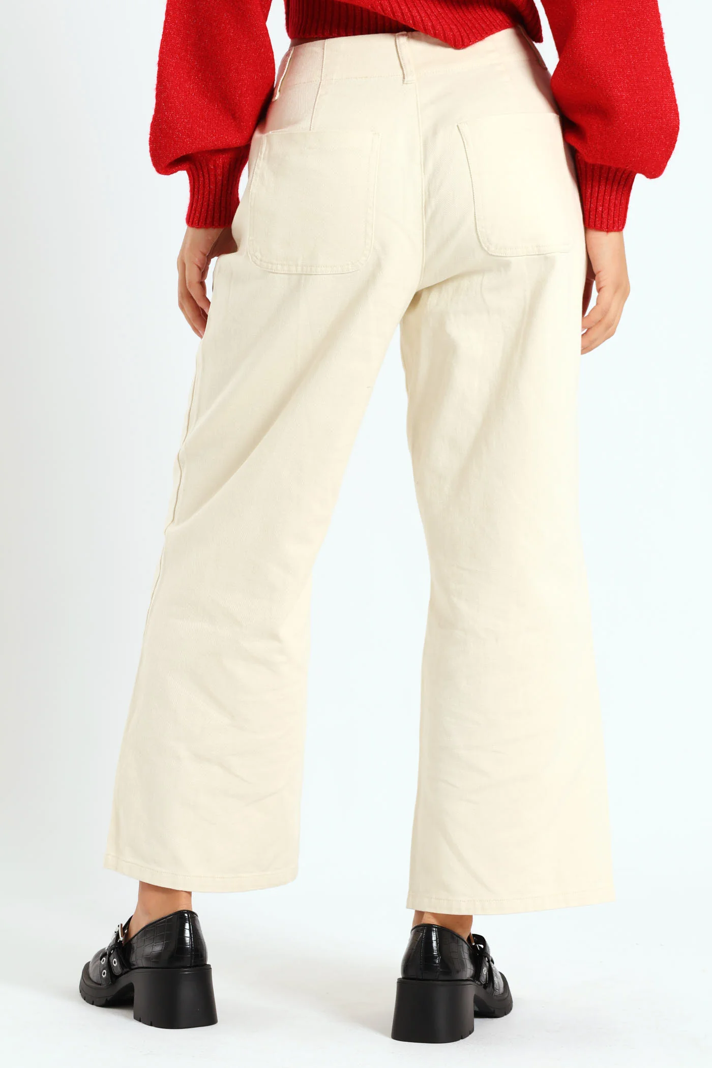 Button Trim Wide Leg Jean - Cream - Image 4