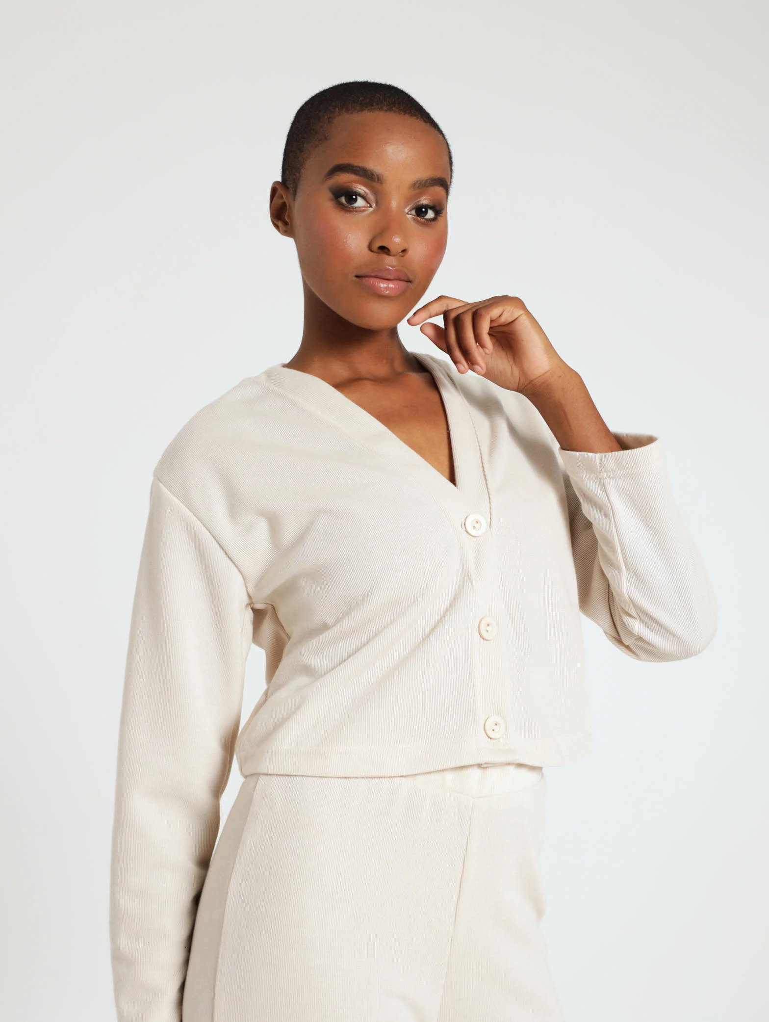 Button Up Ribb Cardi Top - Cream