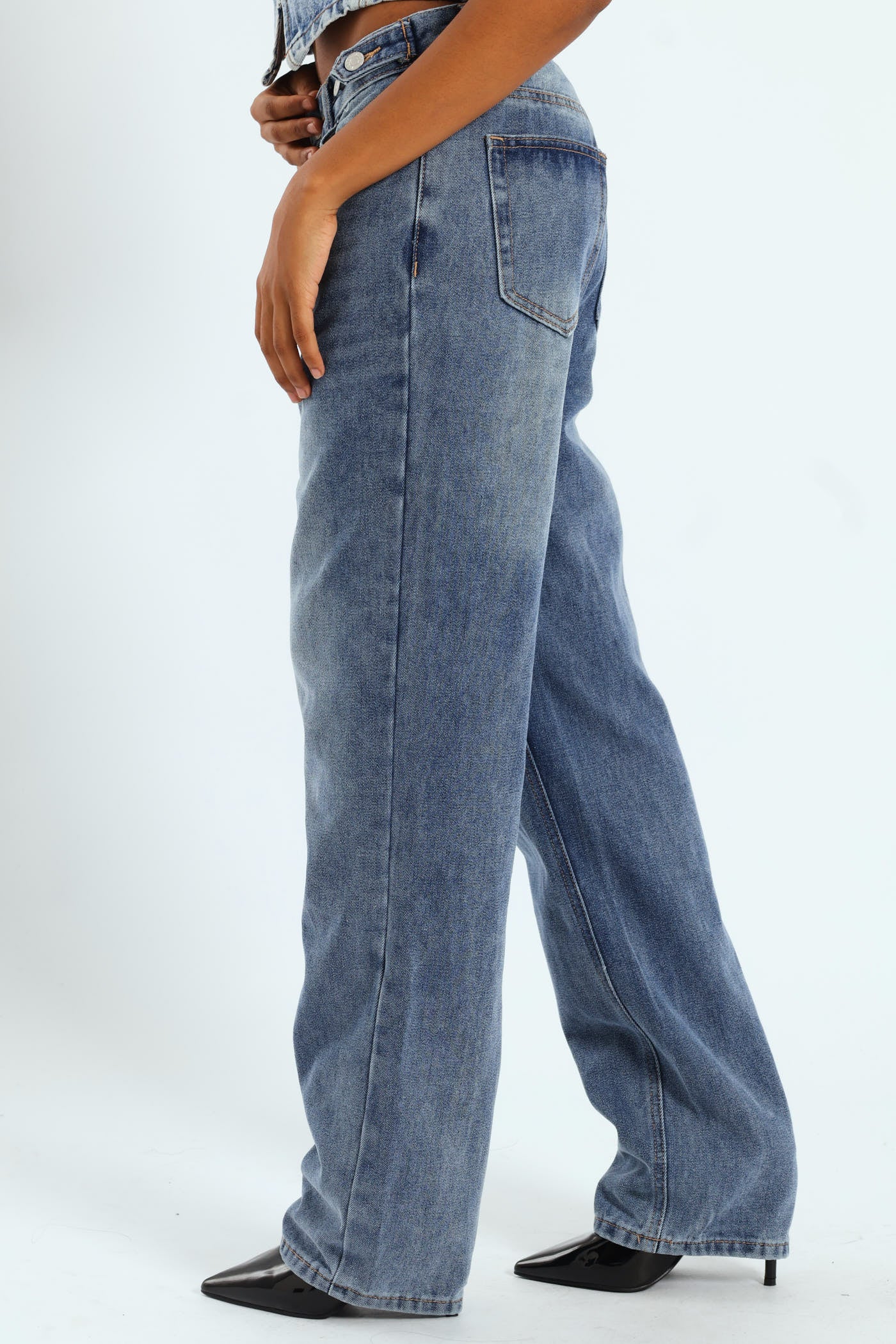 Button Waist Trim Straight Leg Jean - Stonewash - Image 3