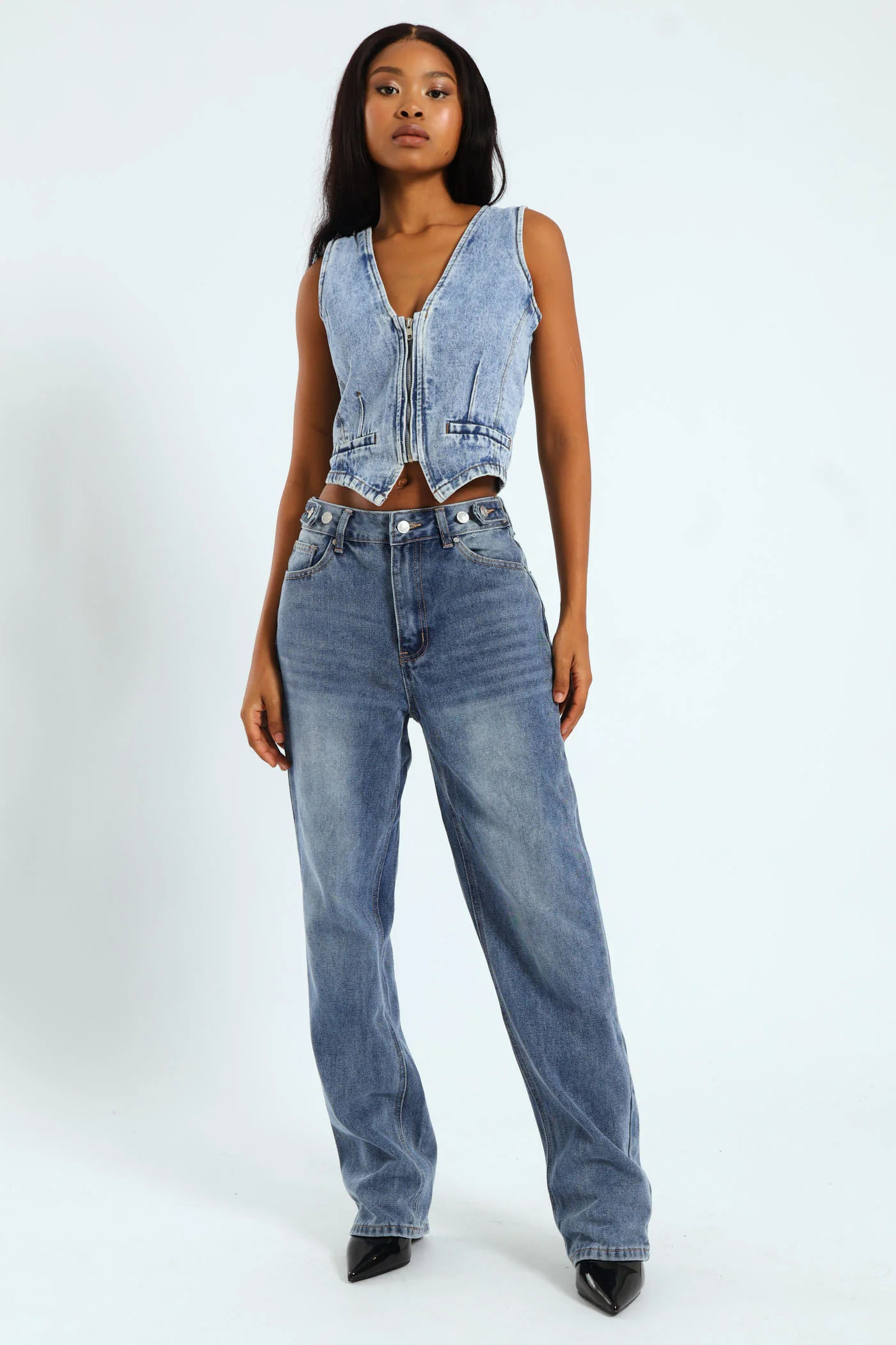 Button Waist Trim Straight Leg Jean - Stonewash - Image 5