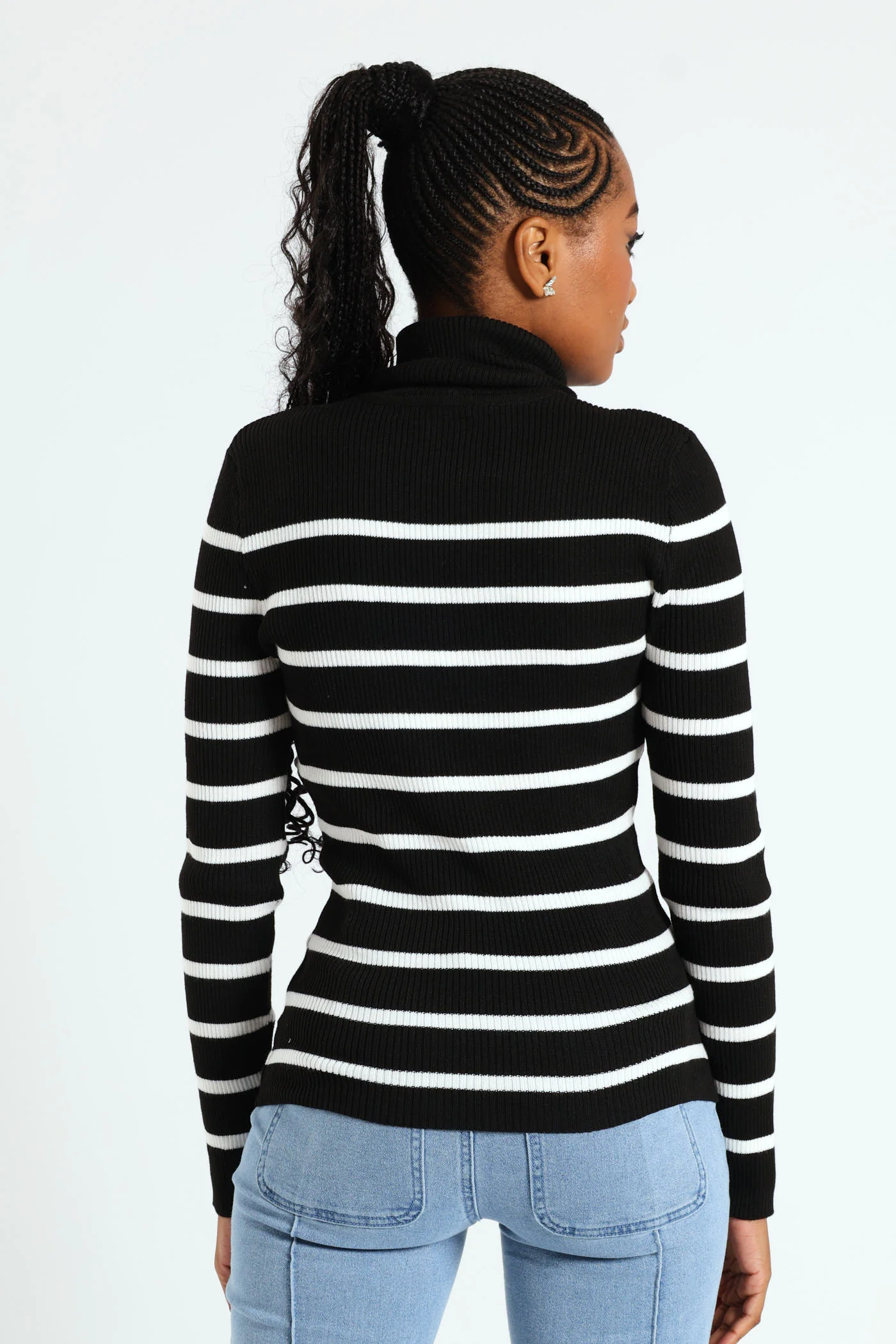 Cable Knit Polo Neck - Black/White - Image 3