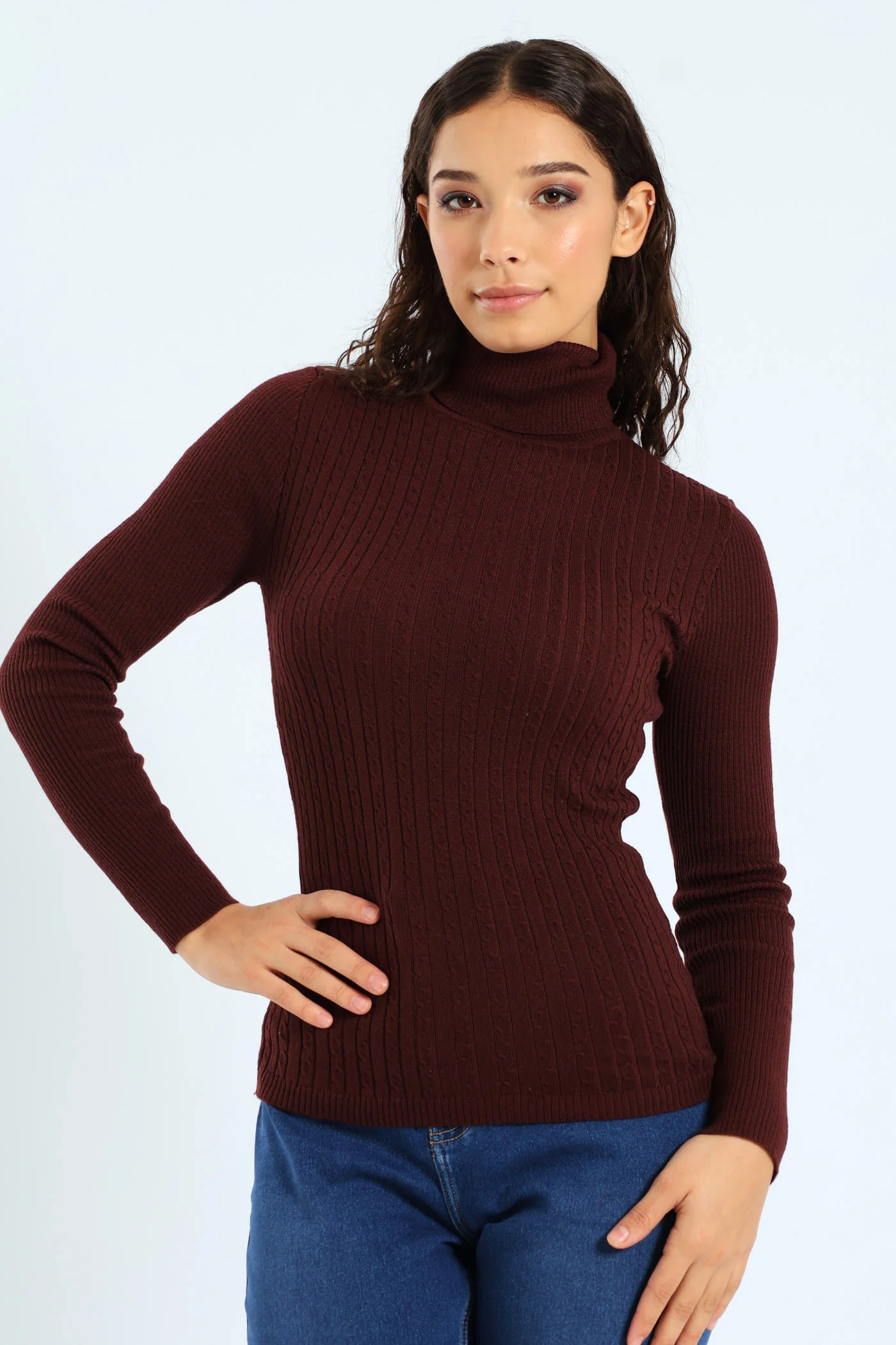 Cable Knit Polo Neck - Chocolate