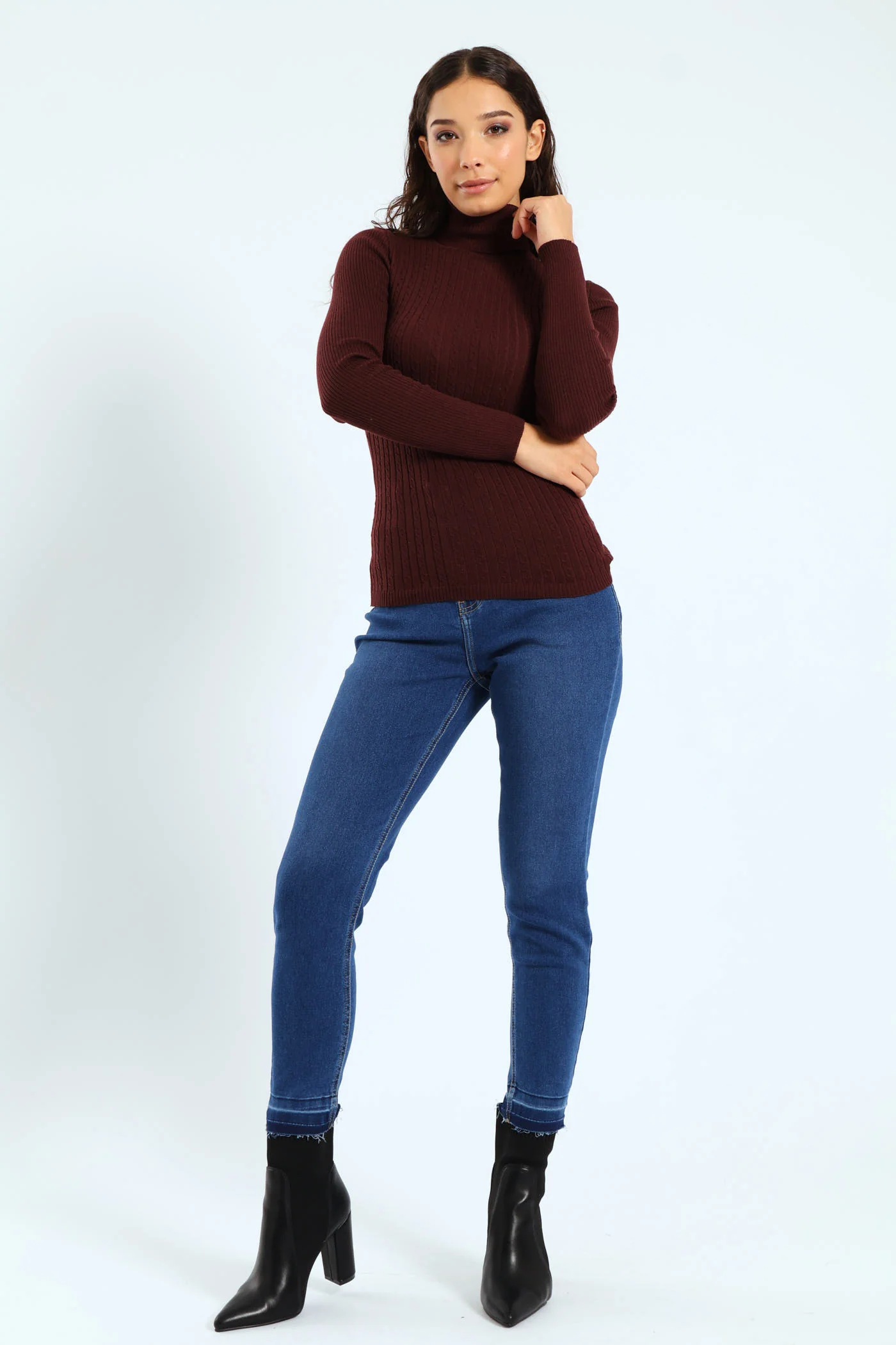 Cable Knit Polo Neck - Chocolate - Image 6