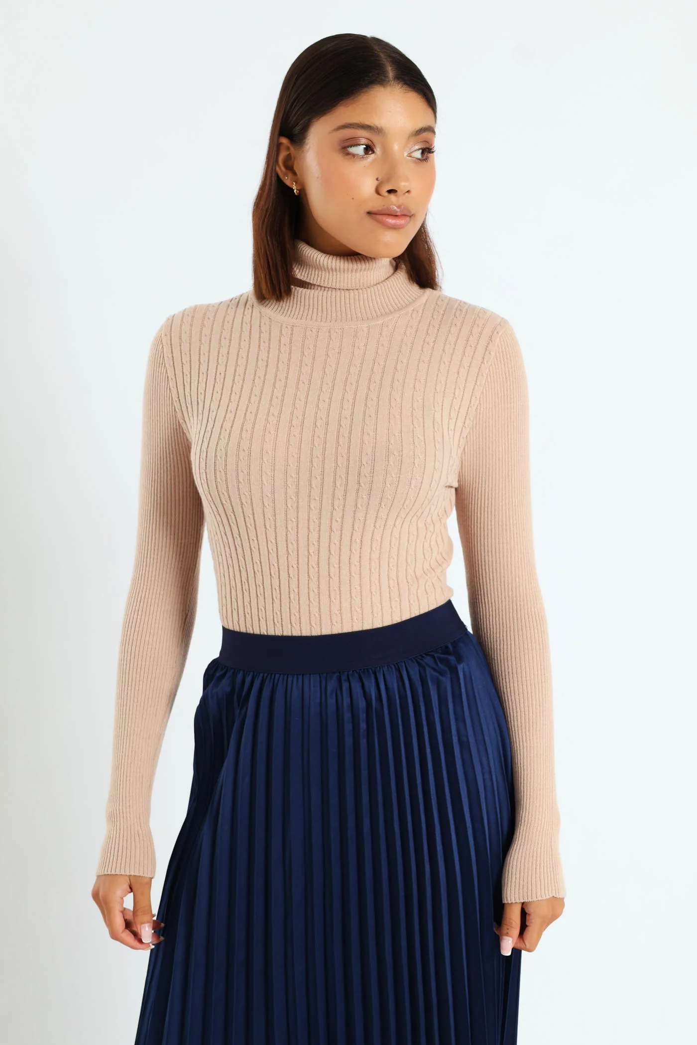 Cable Knit Polo Neck Top - Beige