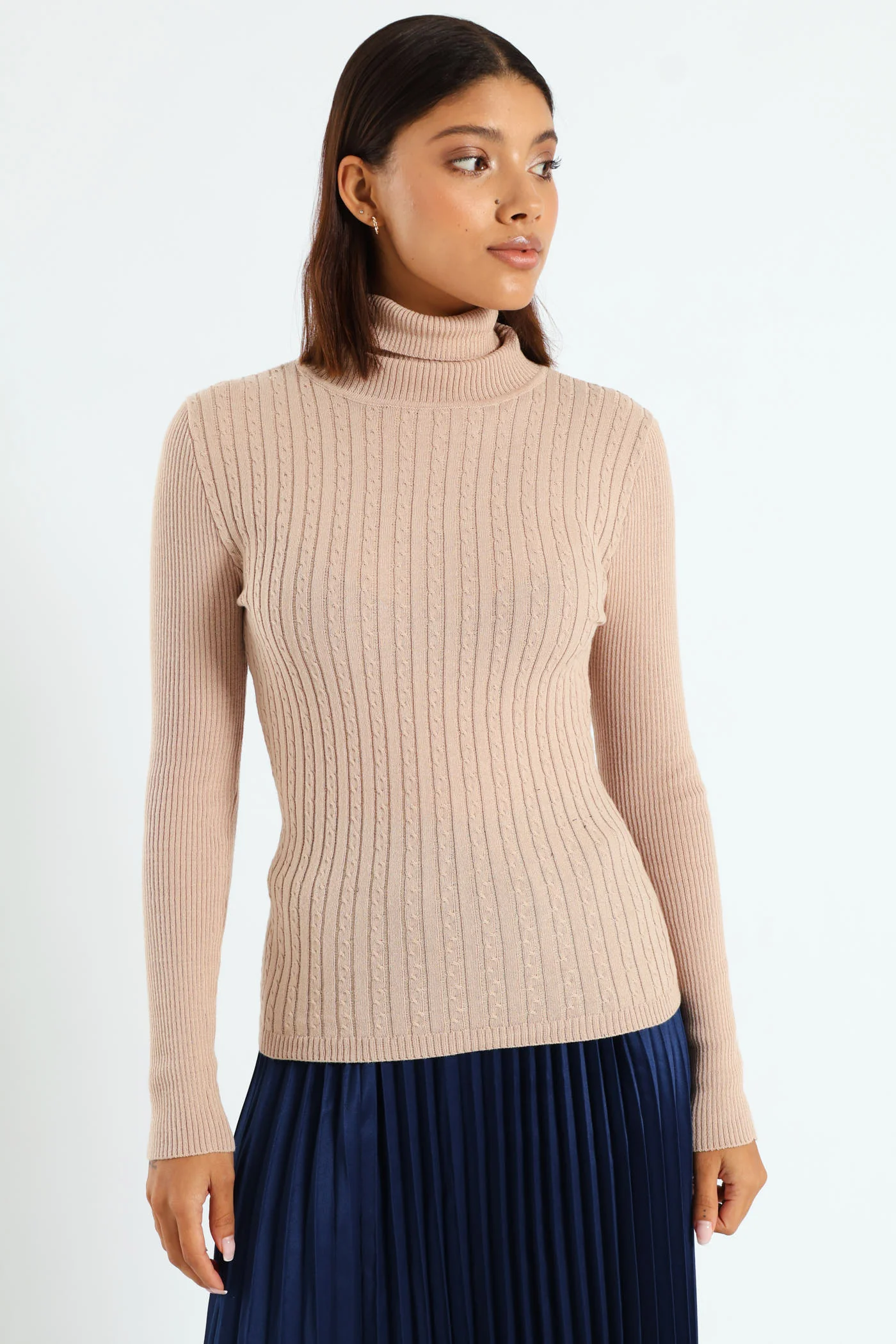 Cable Knit Polo Neck Top - Beige - Image 3
