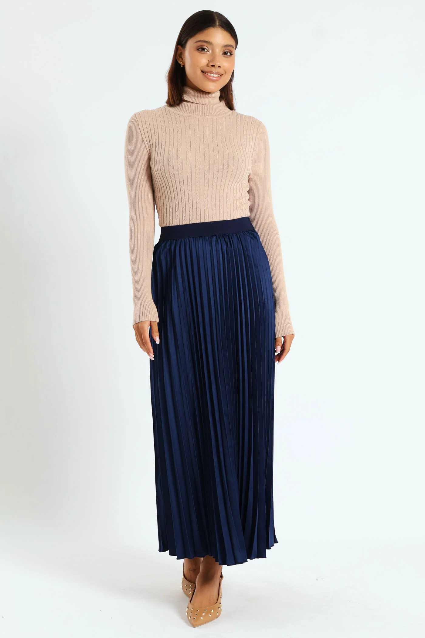 Cable Knit Polo Neck Top - Beige - Image 4