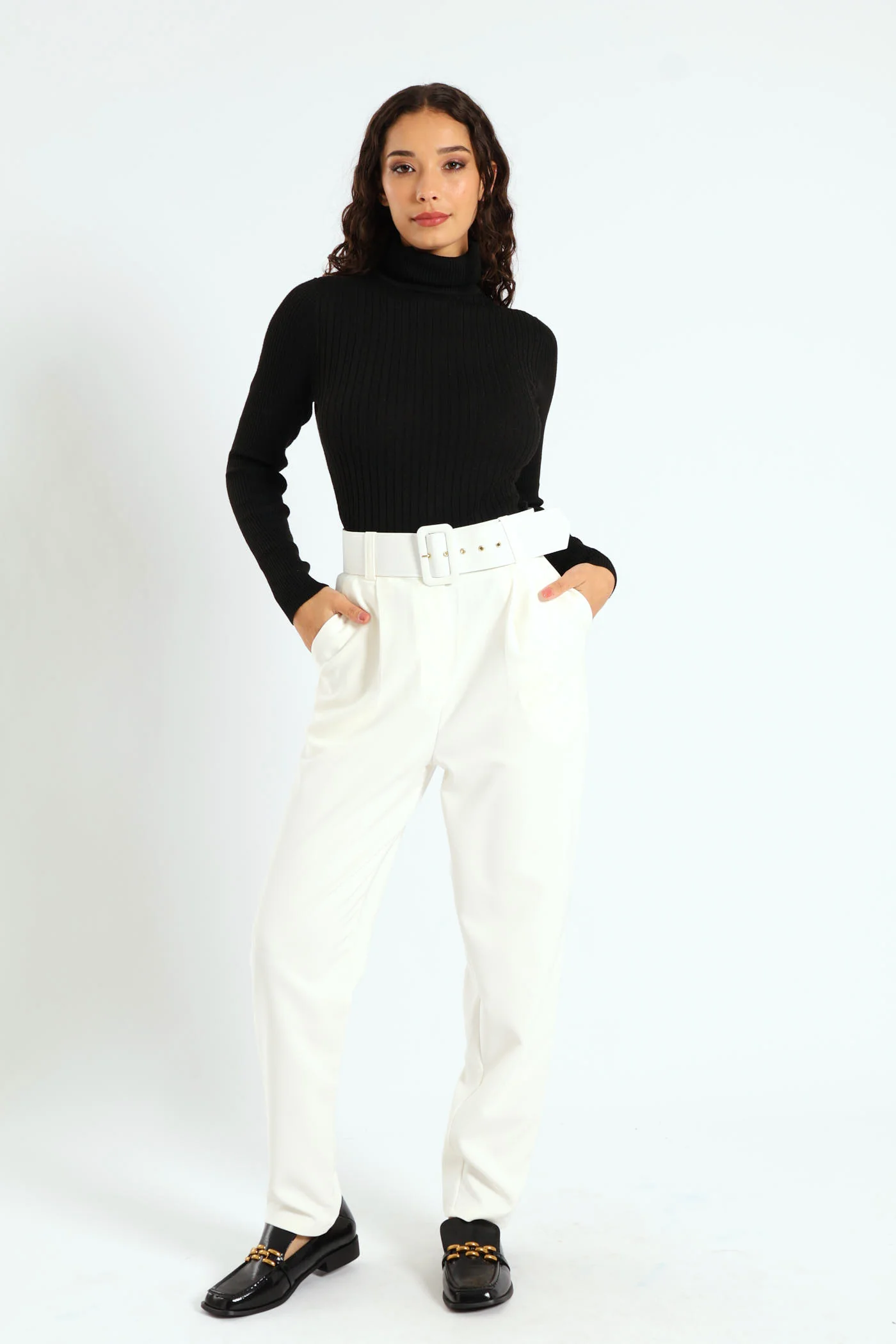 Cable Knit Polo Neck Top - Black - Image 5