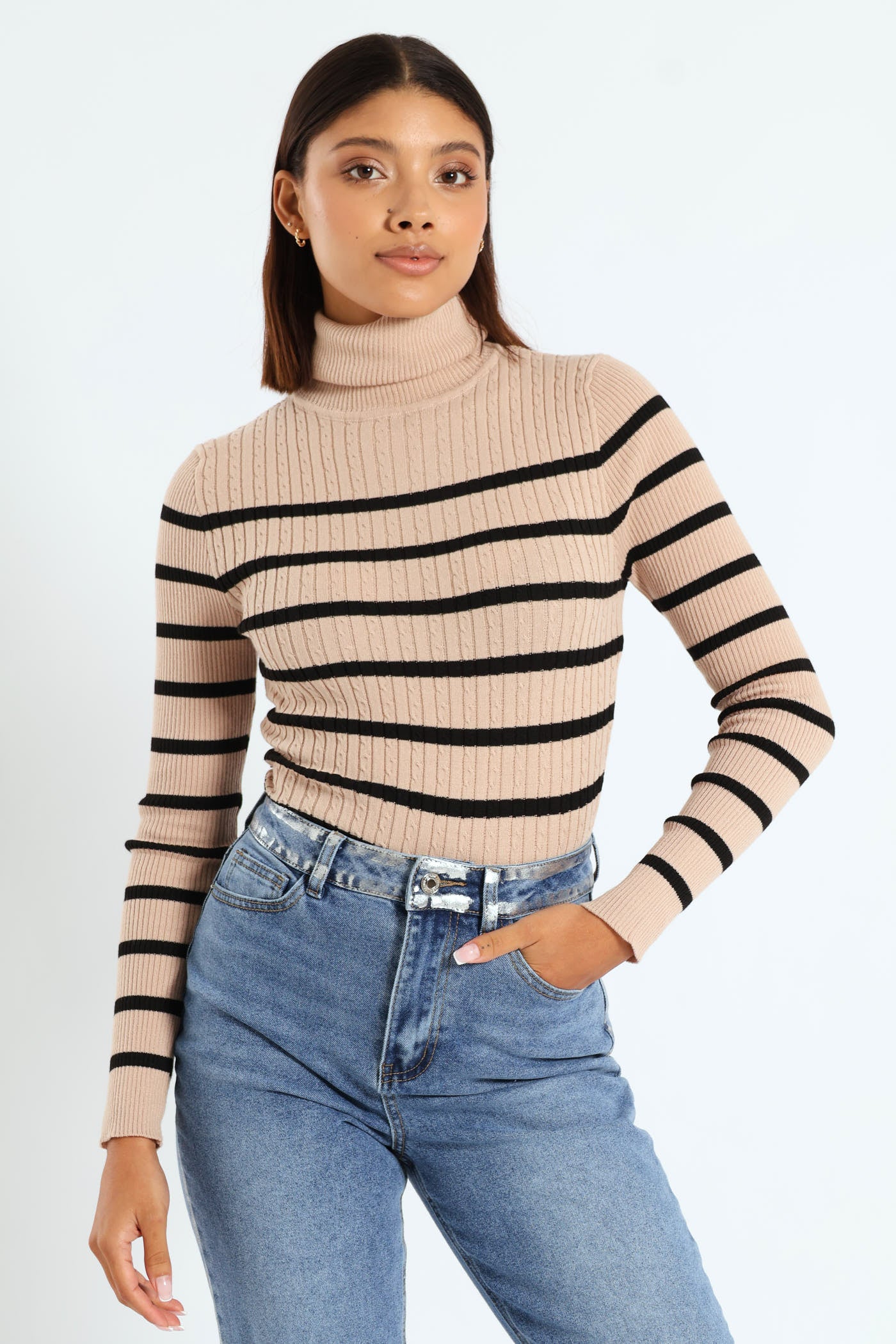 Cable Knit Polo Neck Top - Black/Beige