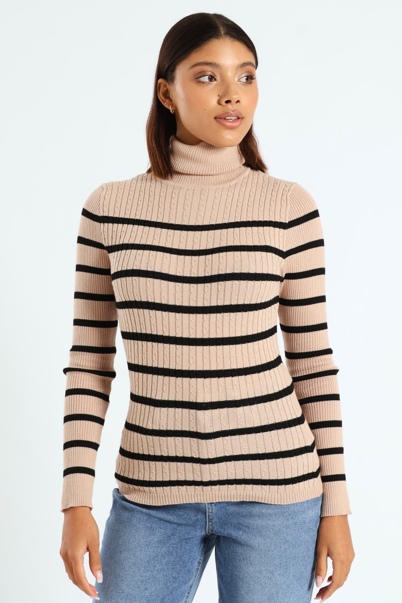 Cable Knit Polo Neck Top - Black/Beige - Image 3
