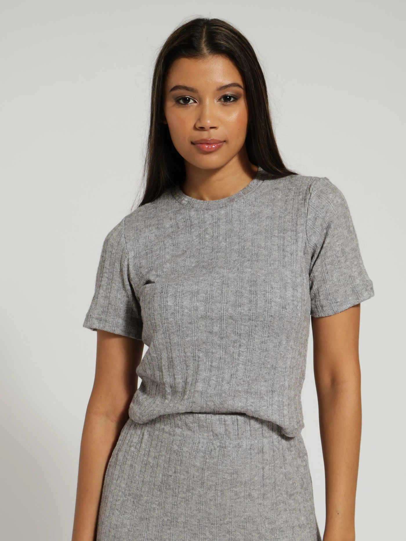 Cable Knit Rib Tee - Grey