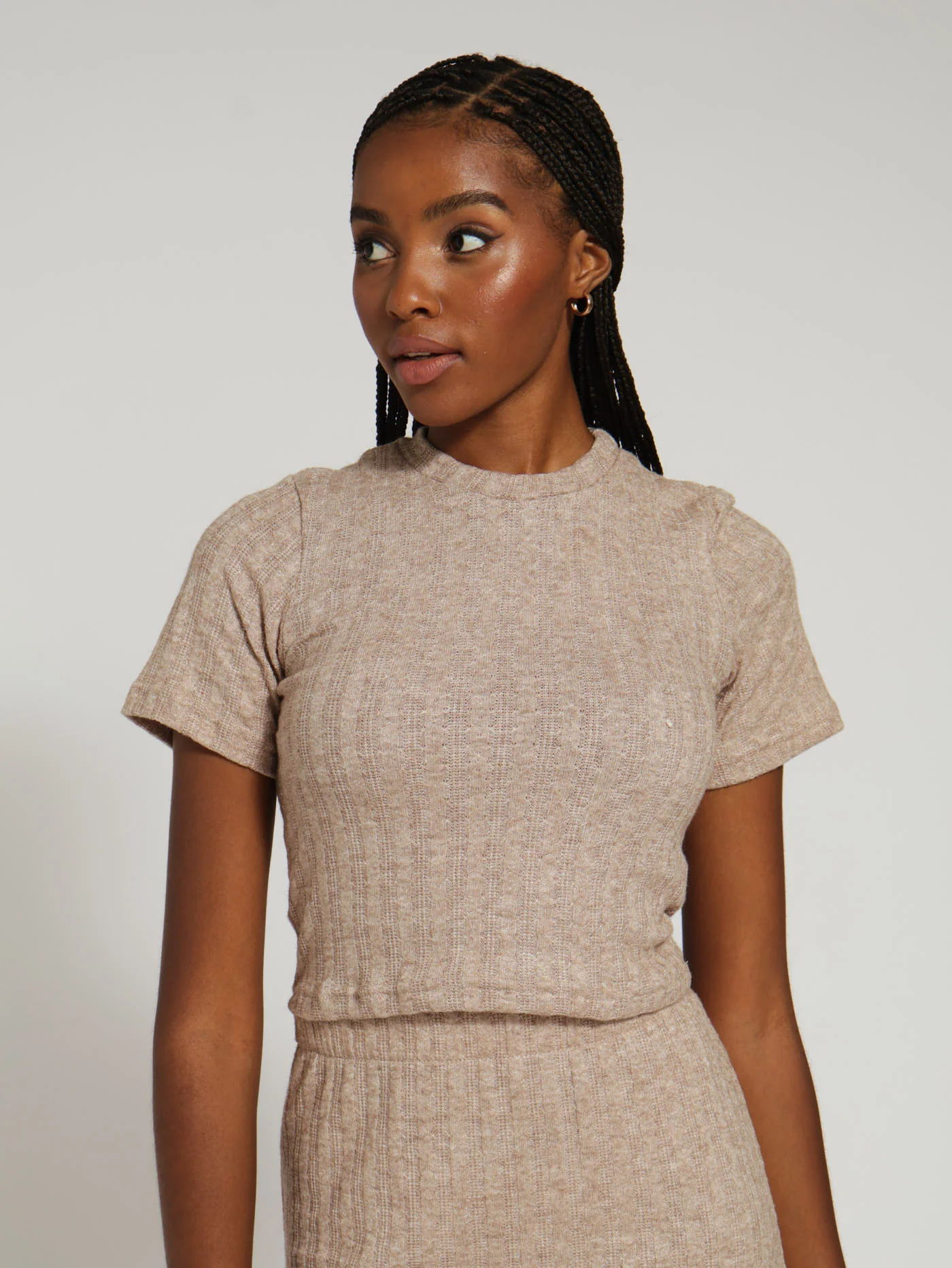 Cable Knit Rib Tee - Oatmeal