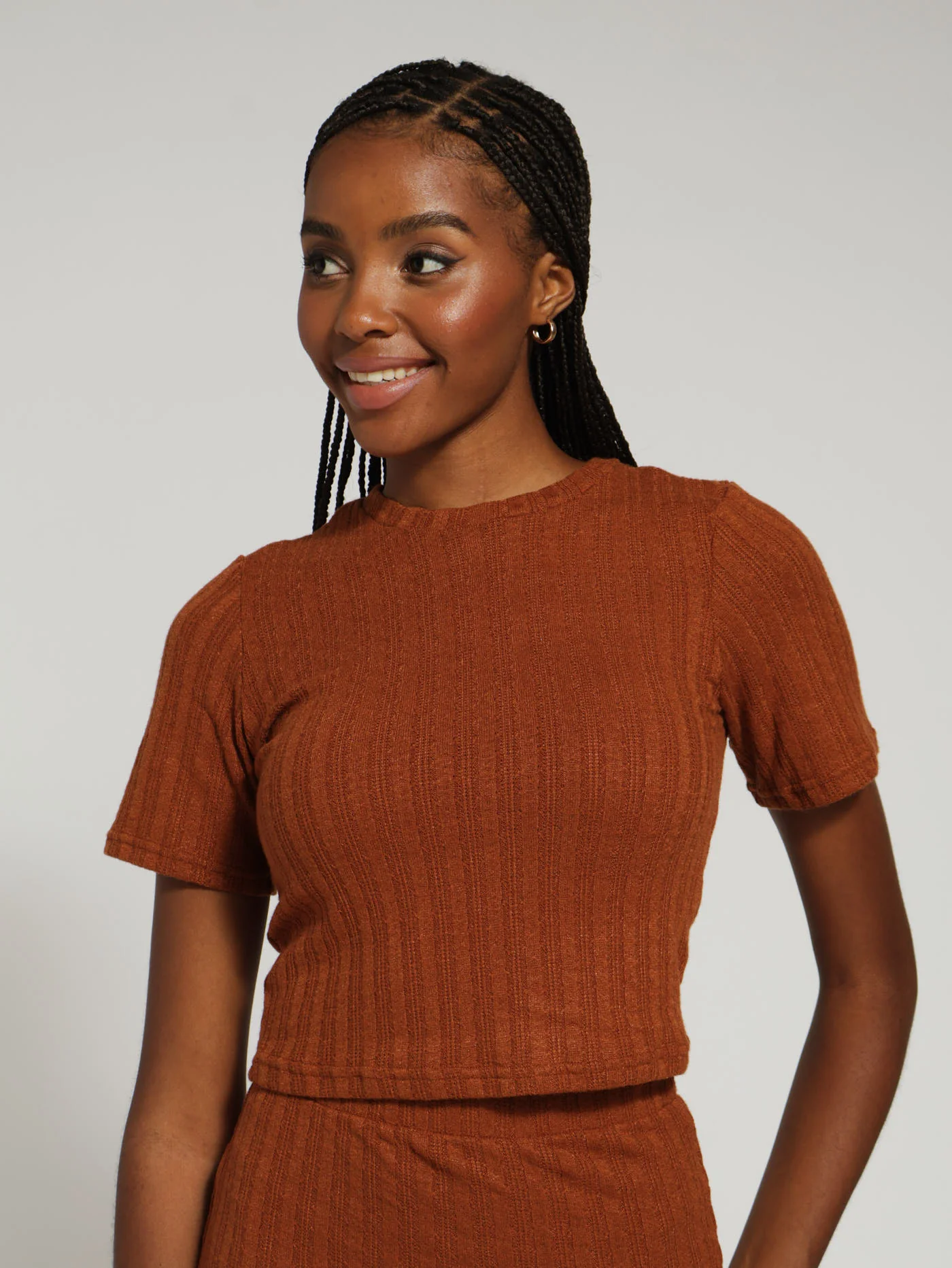 Cable Knit Rib Tee - Rust
