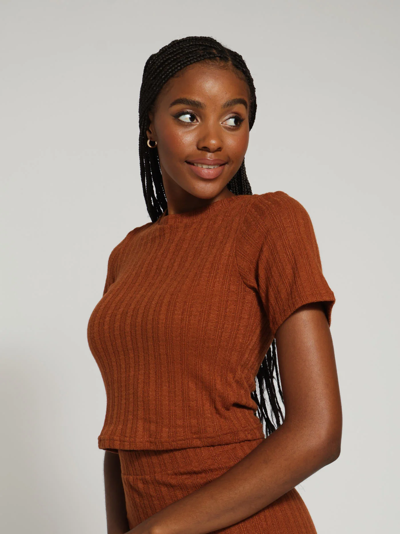 Cable Knit Rib Tee - Rust - Image 2