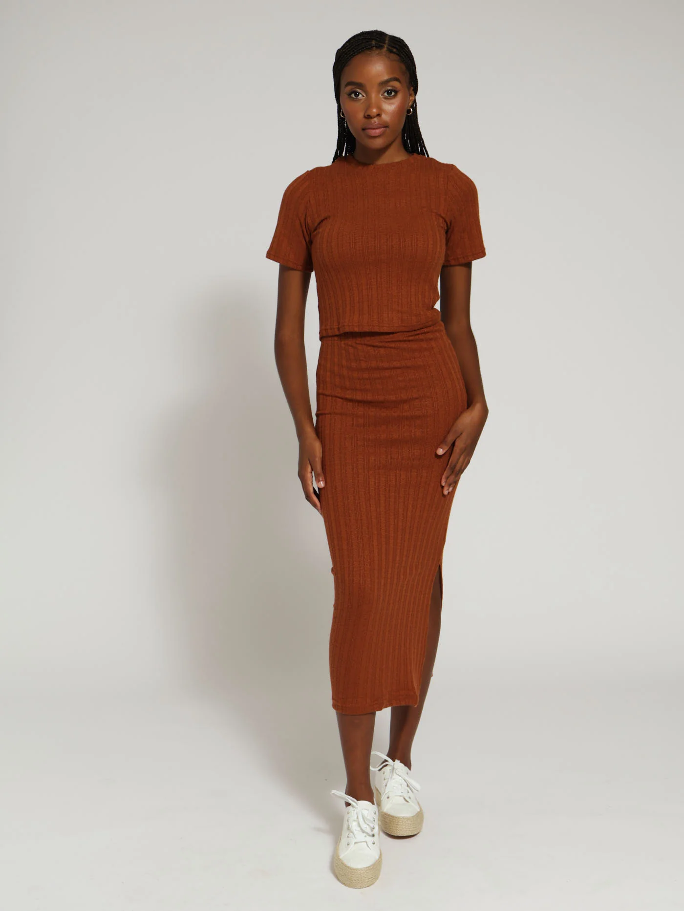 Cable Knit Rib Tee - Rust - Image 4