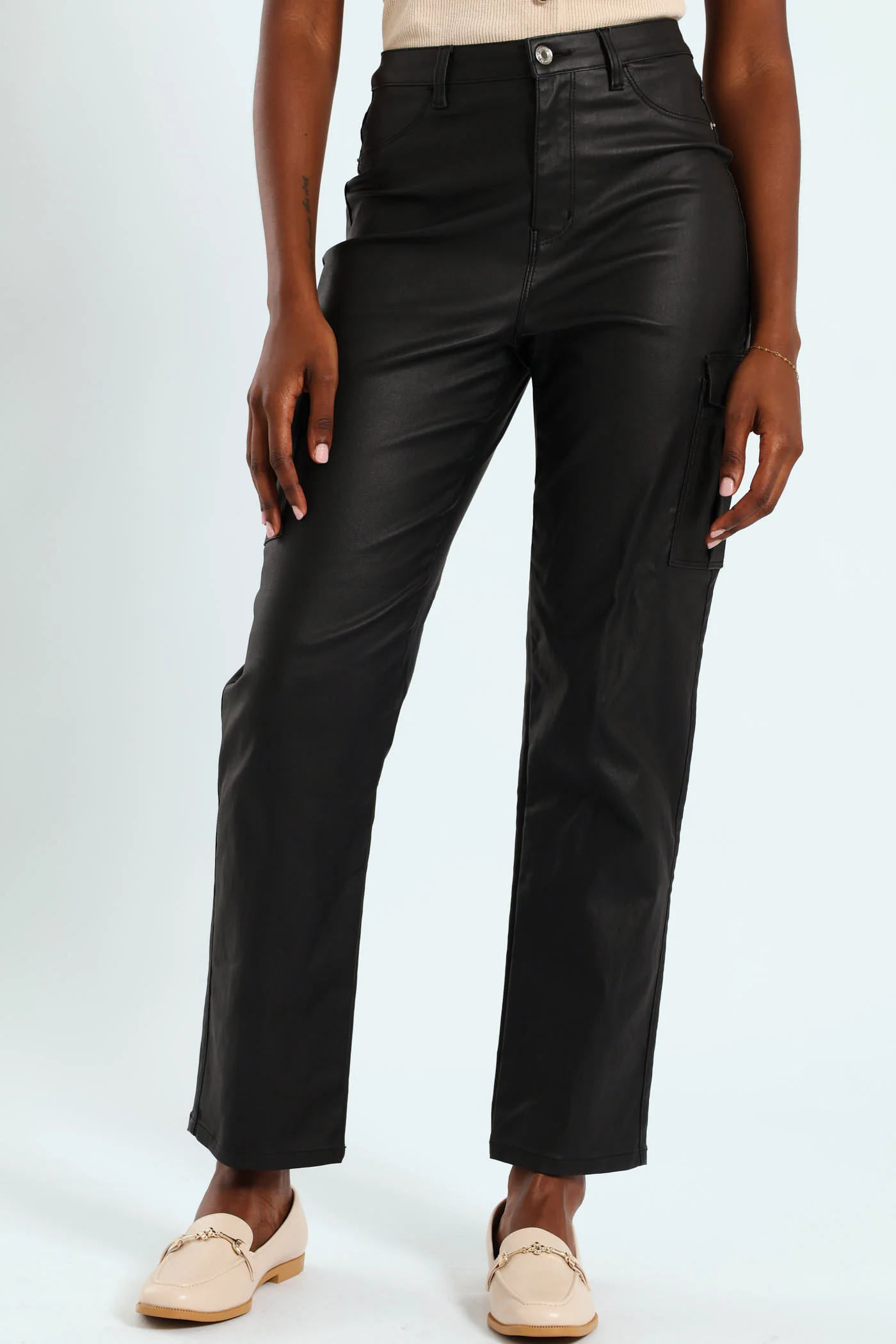 Cargo Coated Straight Leg Jean - Black