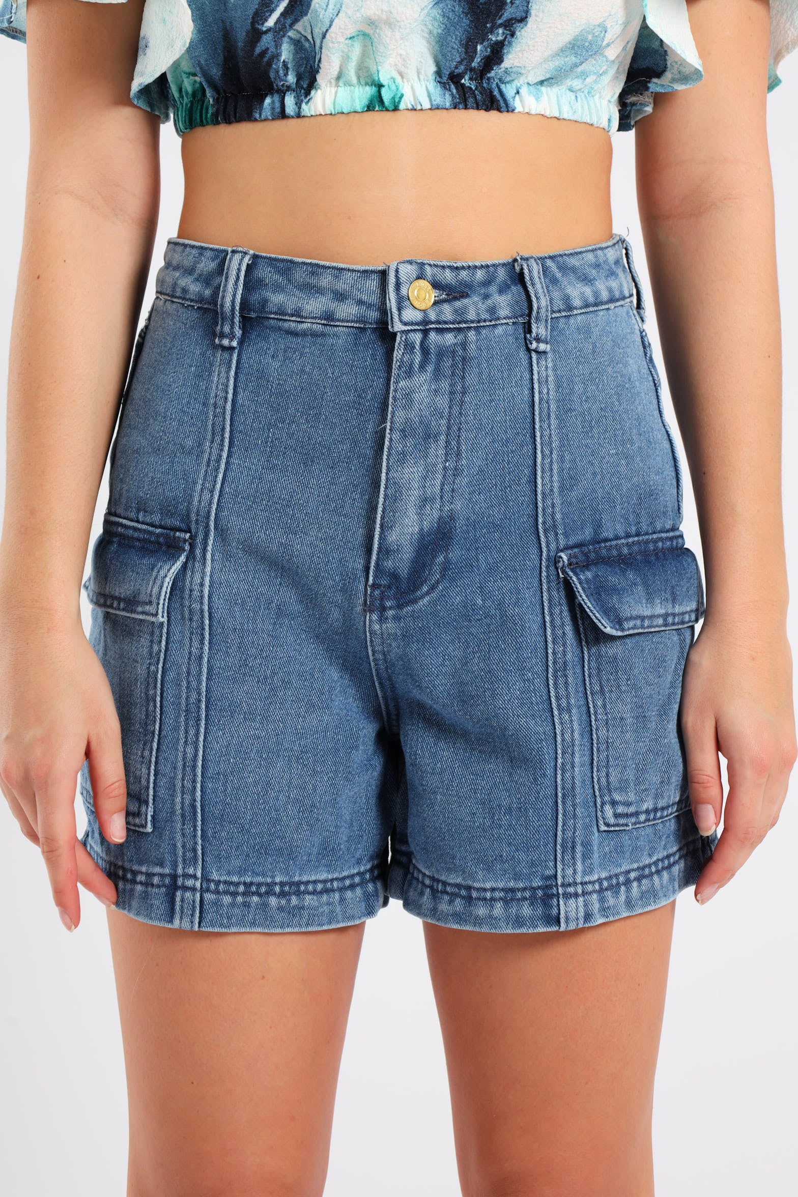 Cargo Pocket Denim Shorts - Stonewash