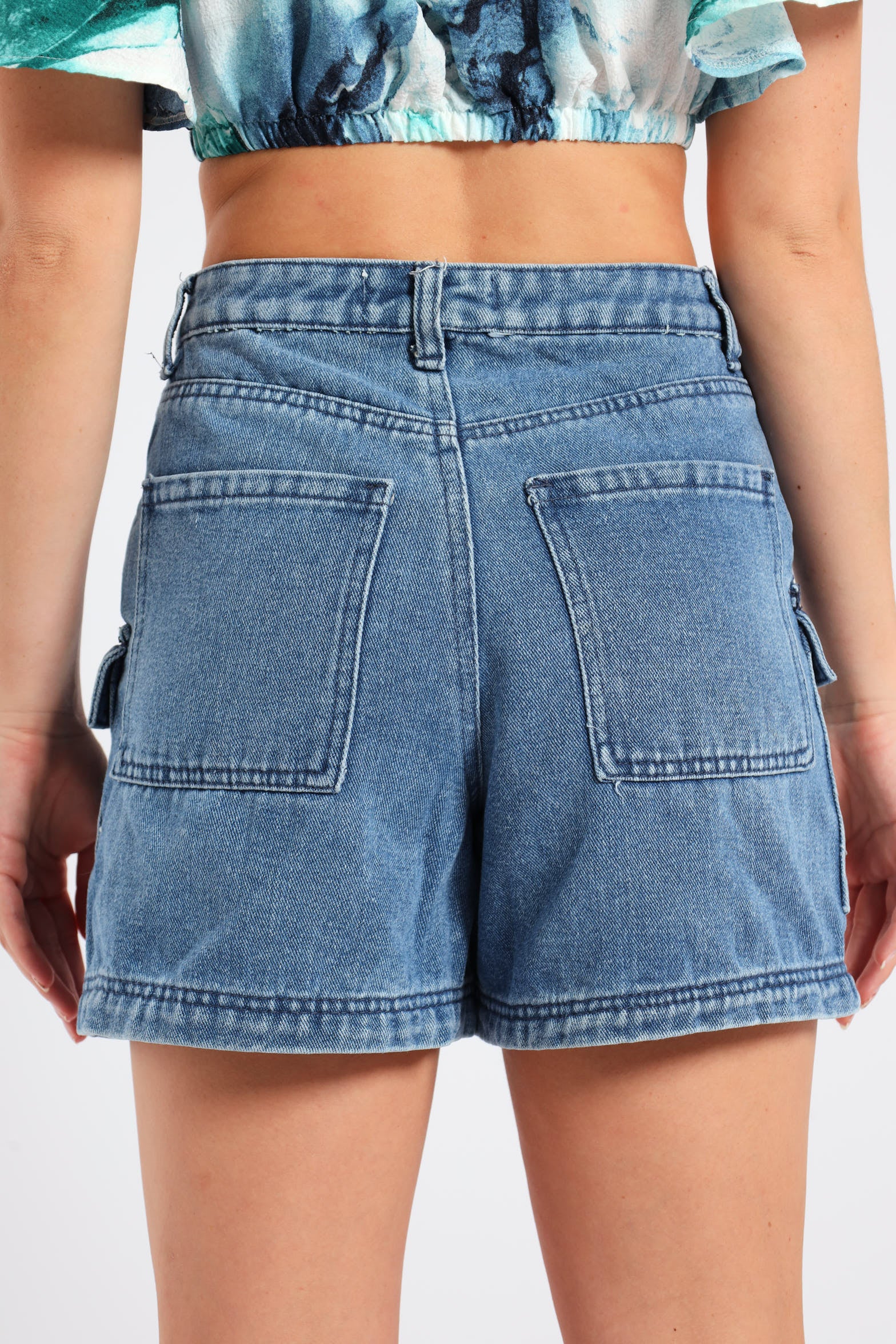 Cargo Pocket Denim Shorts - Stonewash - Image 2