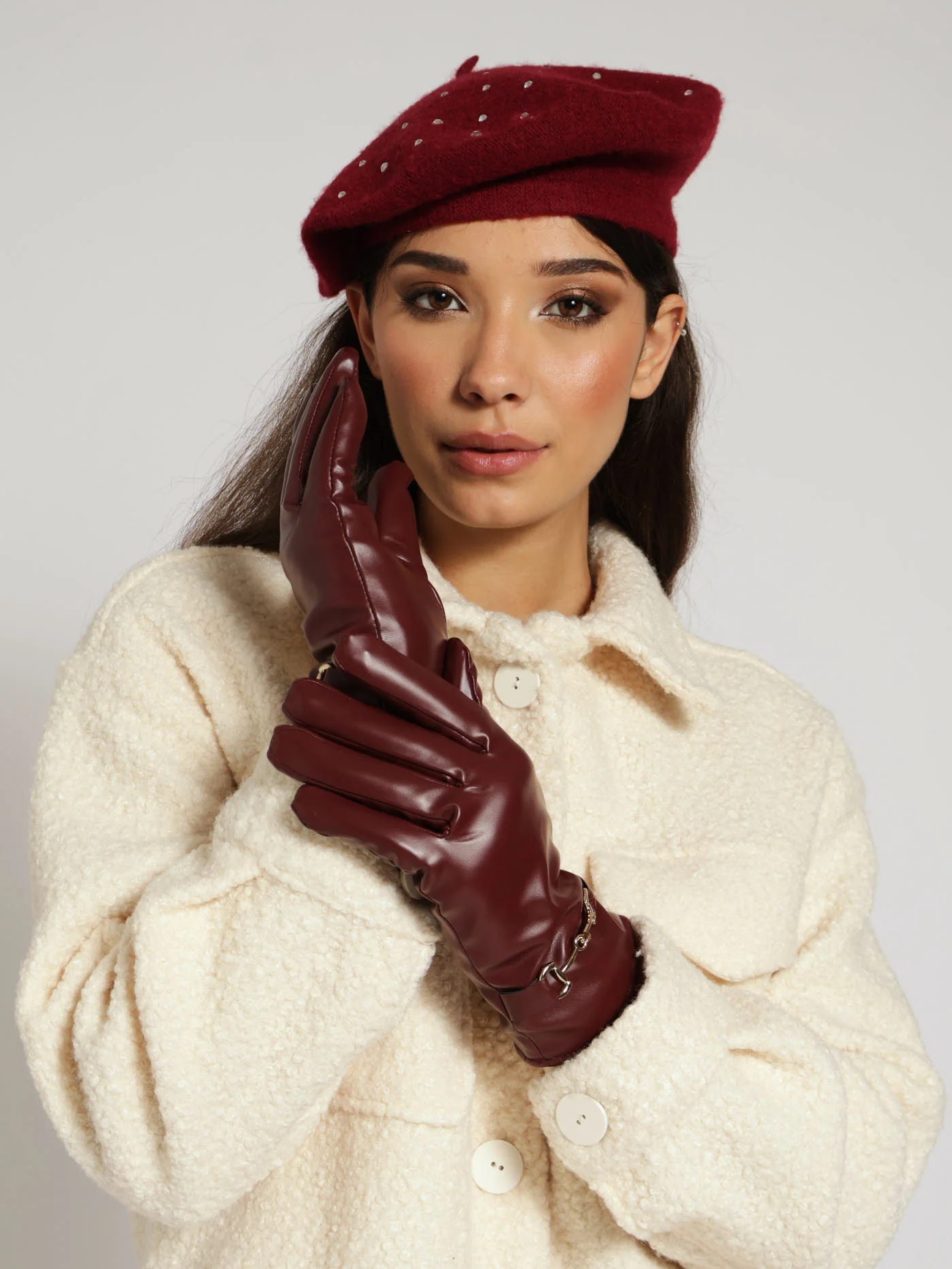 Chain Detail Pu Gloves - Burgundy - Image 2