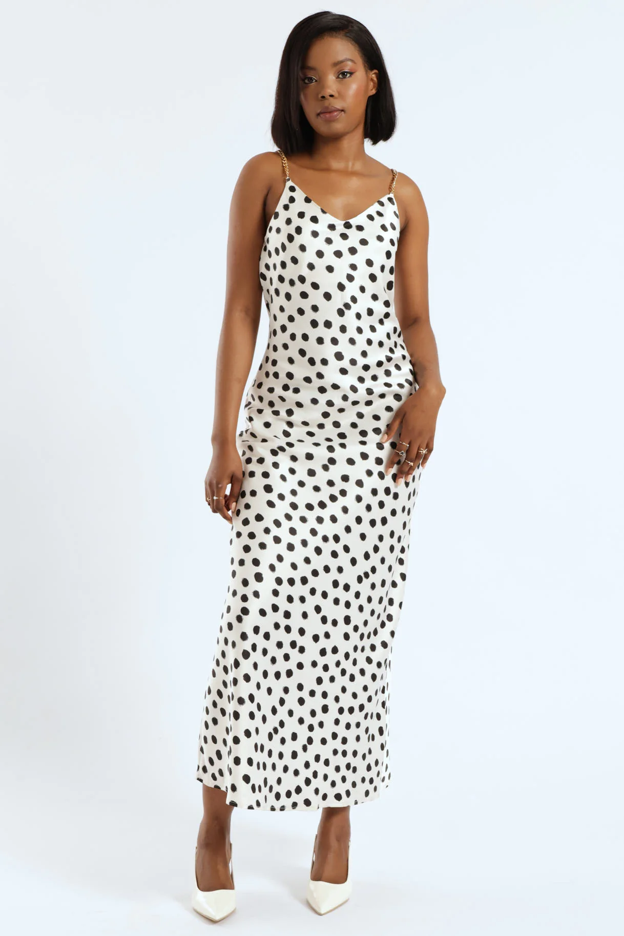 Chain Strap Printed Satin Slip Dress - White/Black