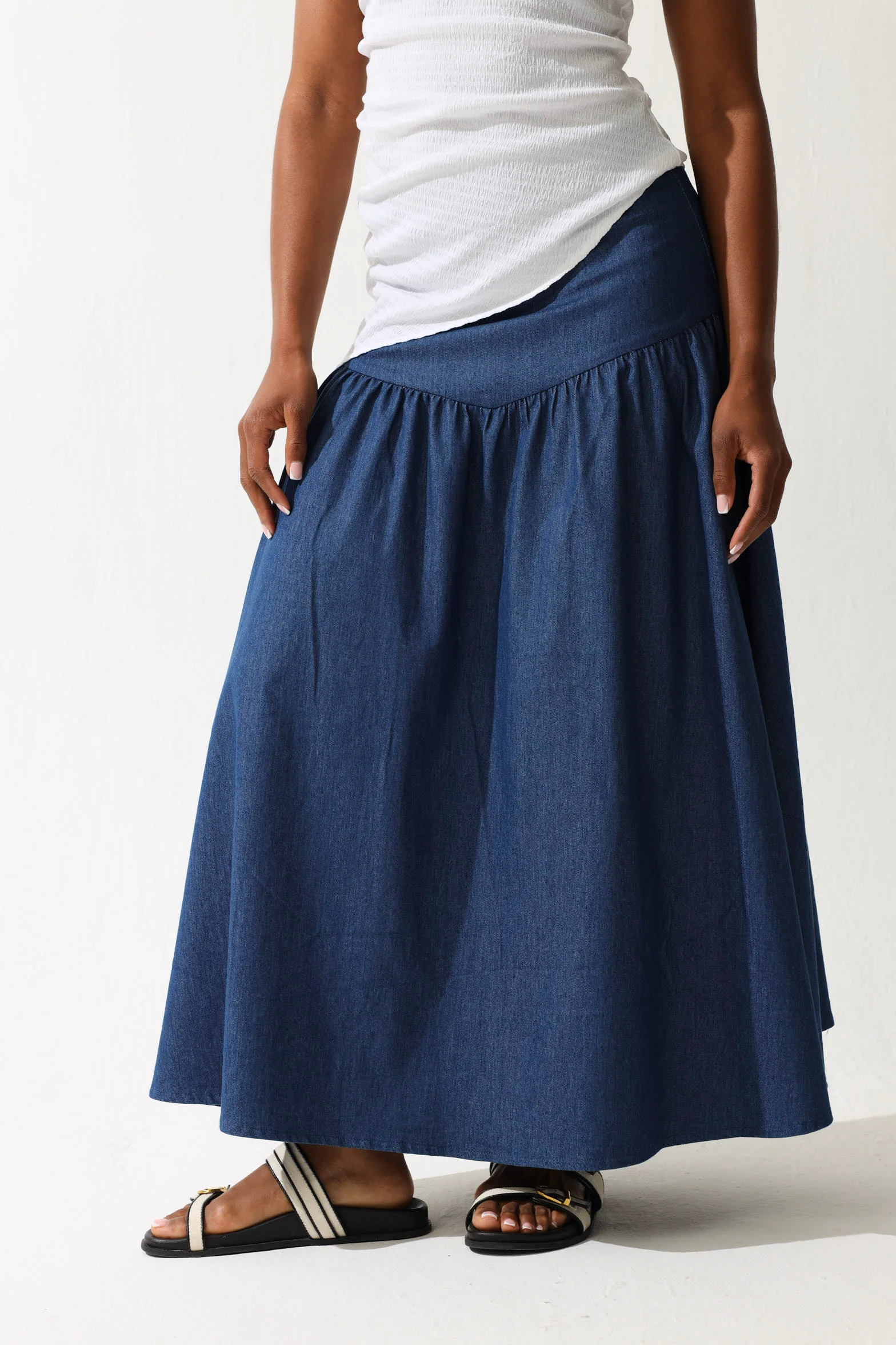 Chambray Flared Midi Skirt - Medium Wash - Image 2