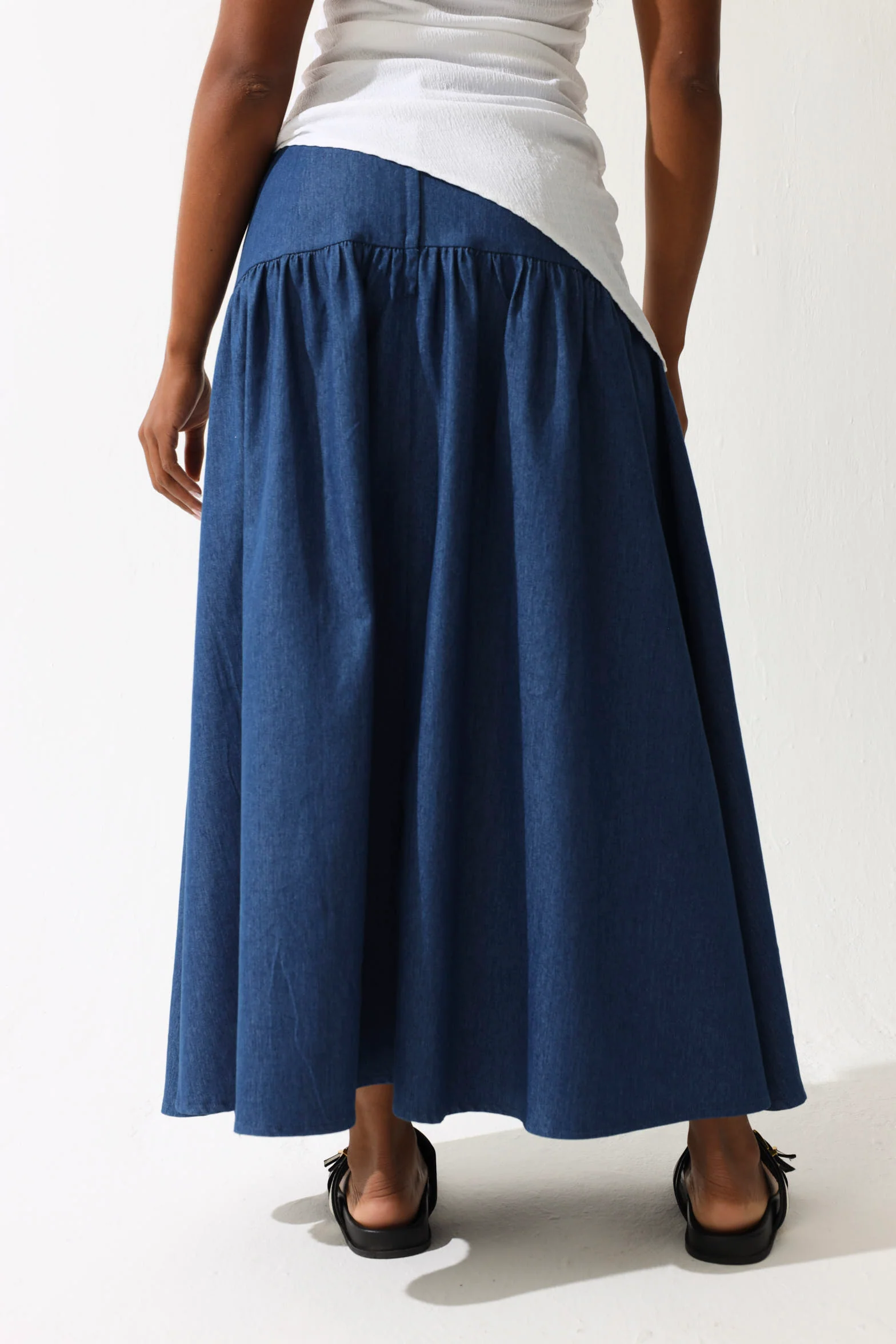 Chambray Flared Midi Skirt - Medium Wash - Image 5