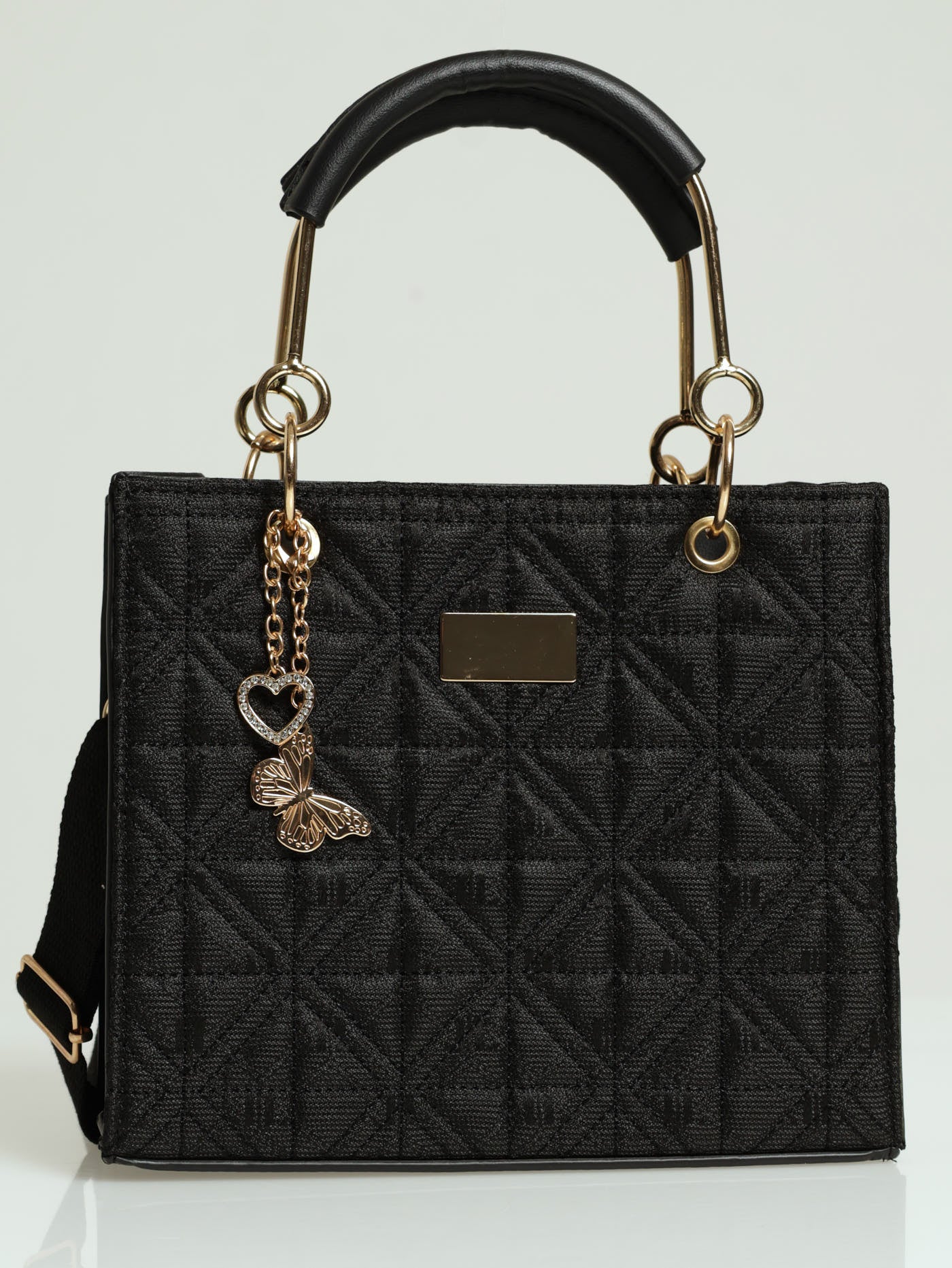 Charm Chain Metal Handle Monogram Tote Bag - Black
