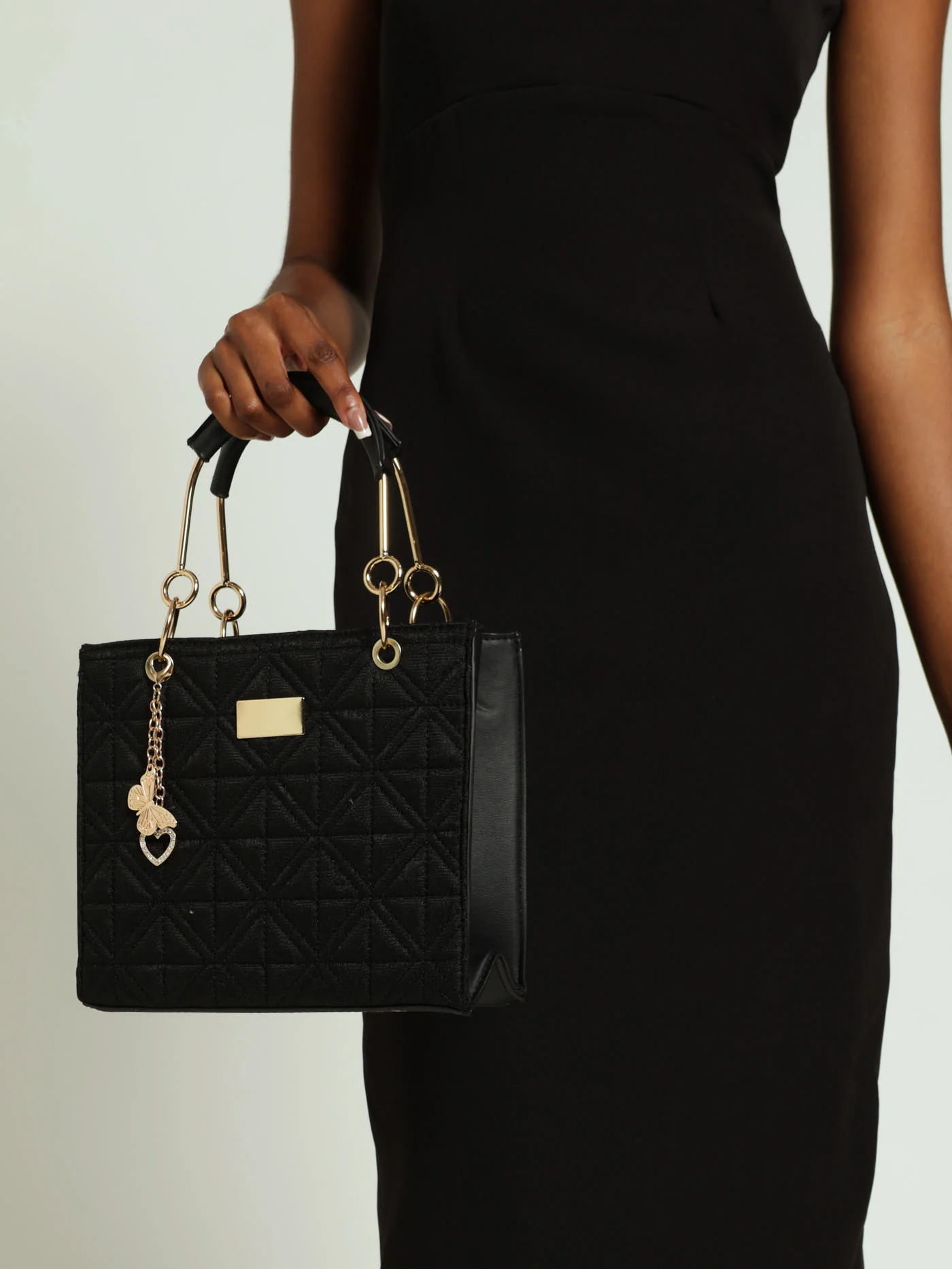 Charm Chain Metal Handle Monogram Tote Bag - Black - Image 2
