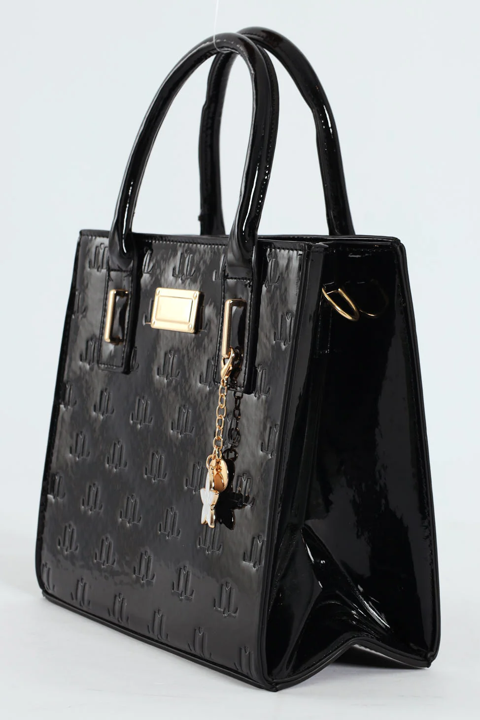 Charm Detail Metal Trim Embossed Monogram Tote Bag - Black