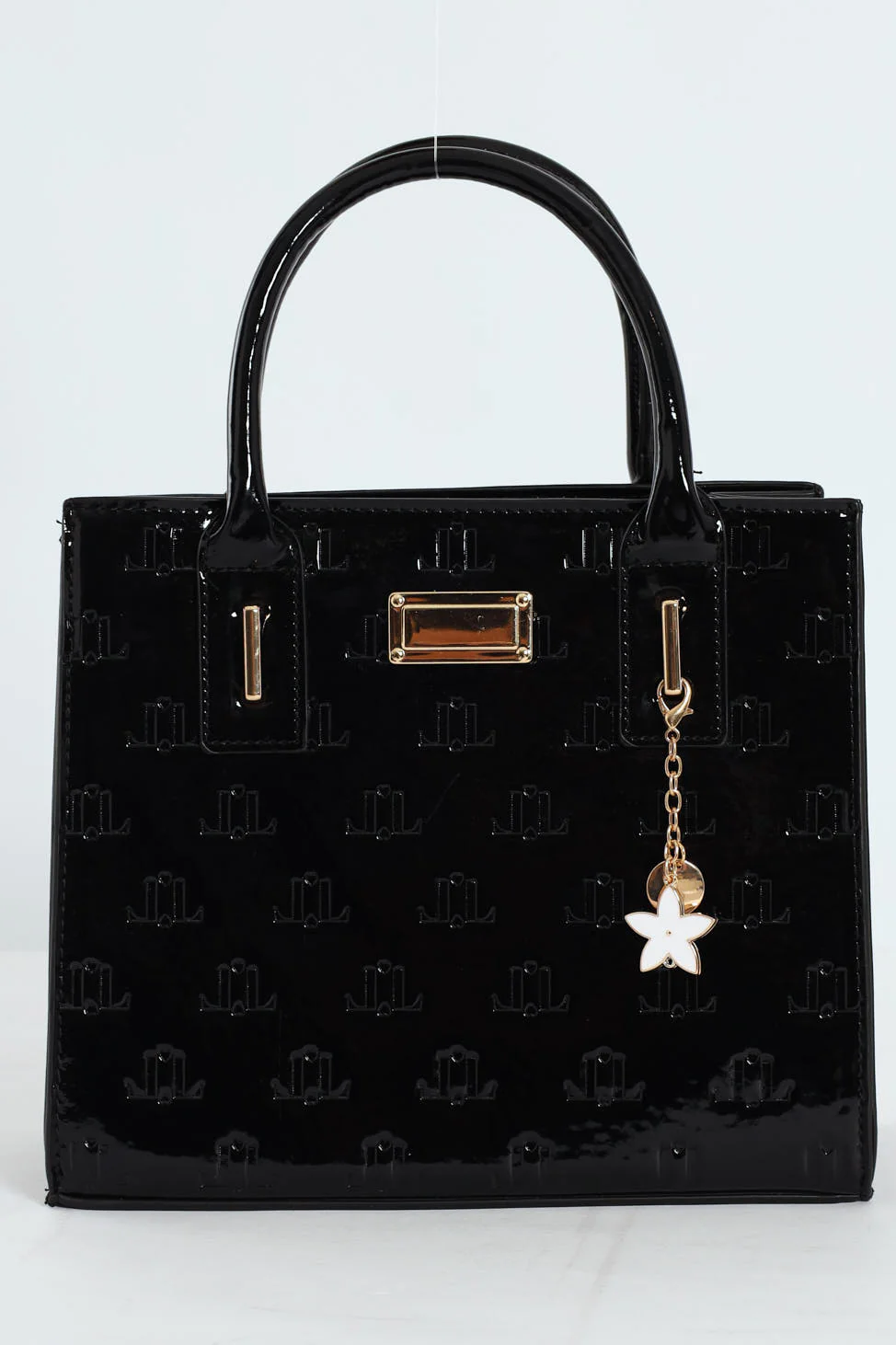 Charm Detail Metal Trim Embossed Monogram Tote Bag - Black - Image 6