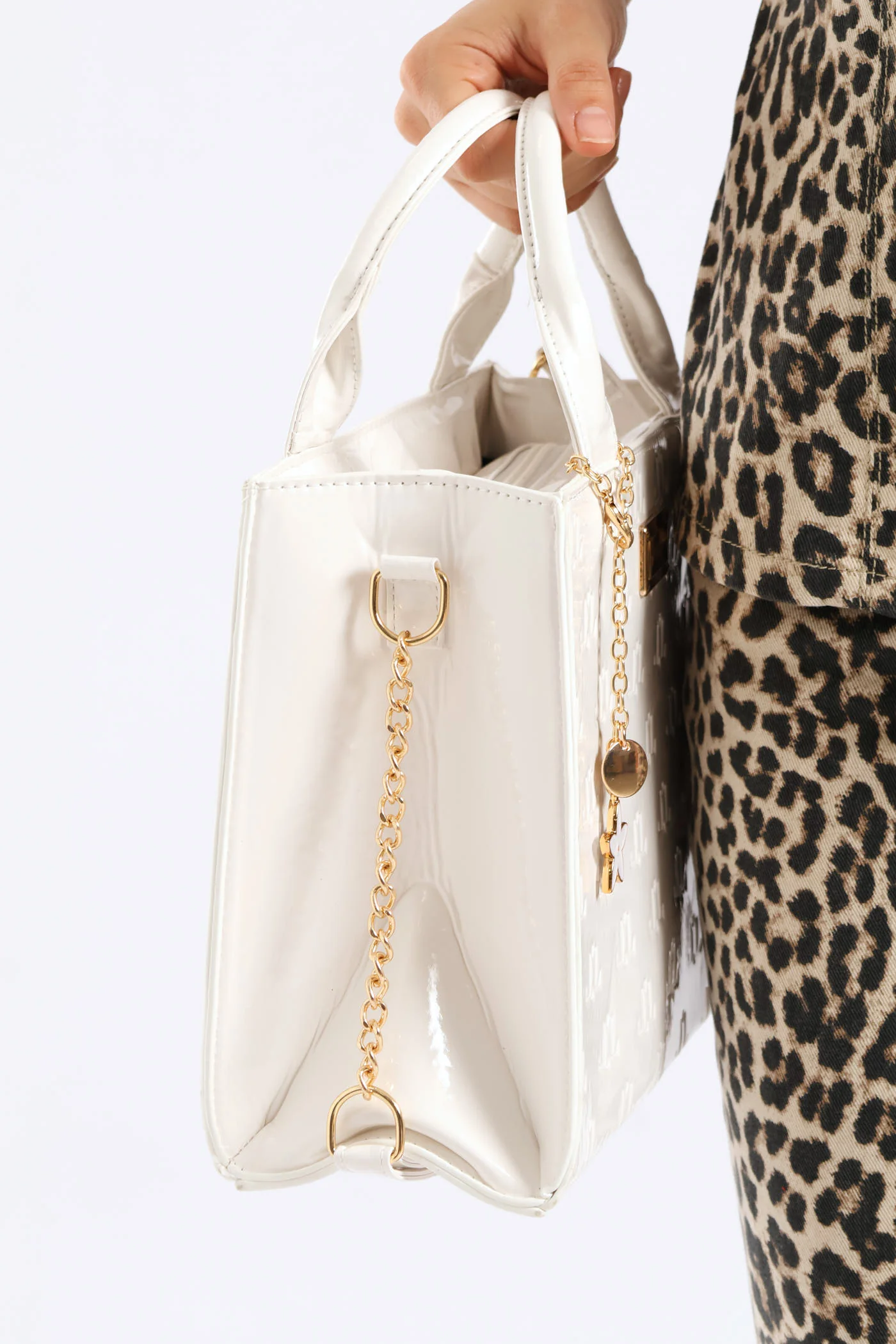 Charm Detail Metal Trim Embossed Monogram Tote Bag - White - Image 3