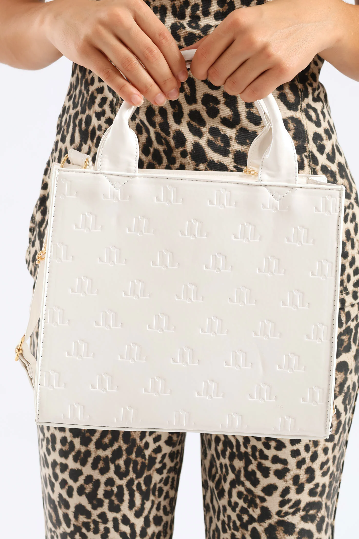 Charm Detail Metal Trim Embossed Monogram Tote Bag - White - Image 4