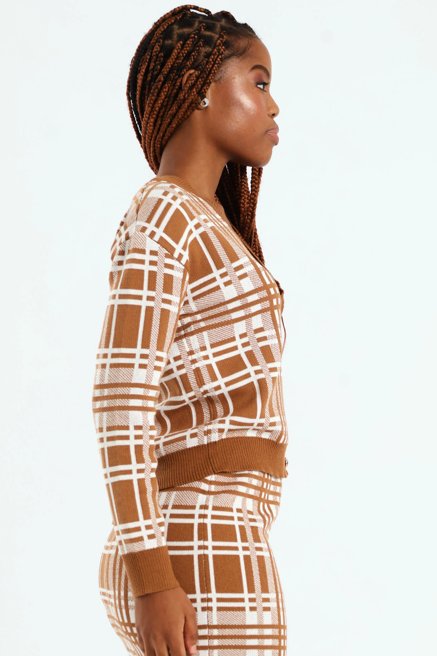 Check Knitwear Cardigan - Caramel - Image 4