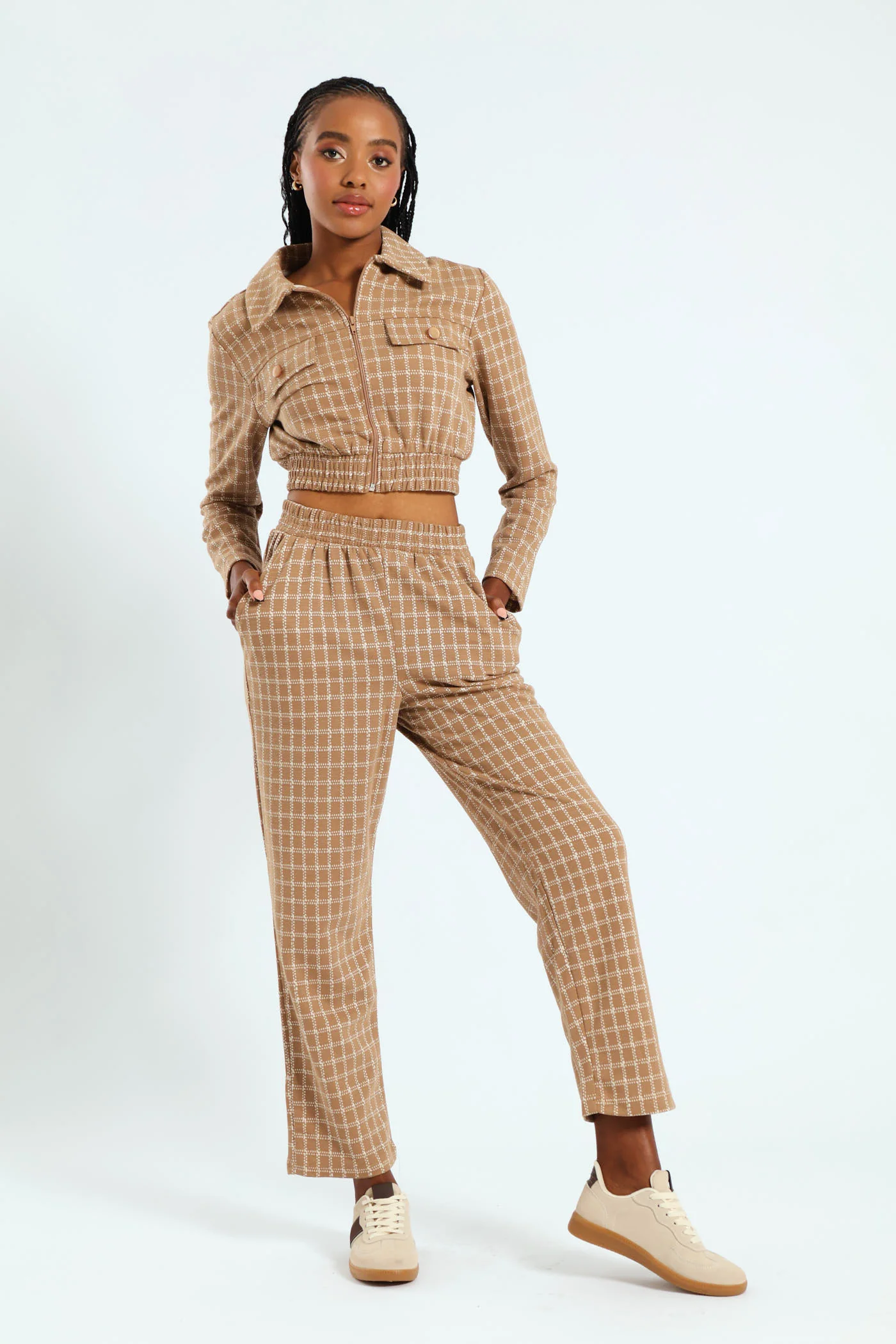 Check Slim Leg Elasticated Pants - Beige/Cream - Image 3