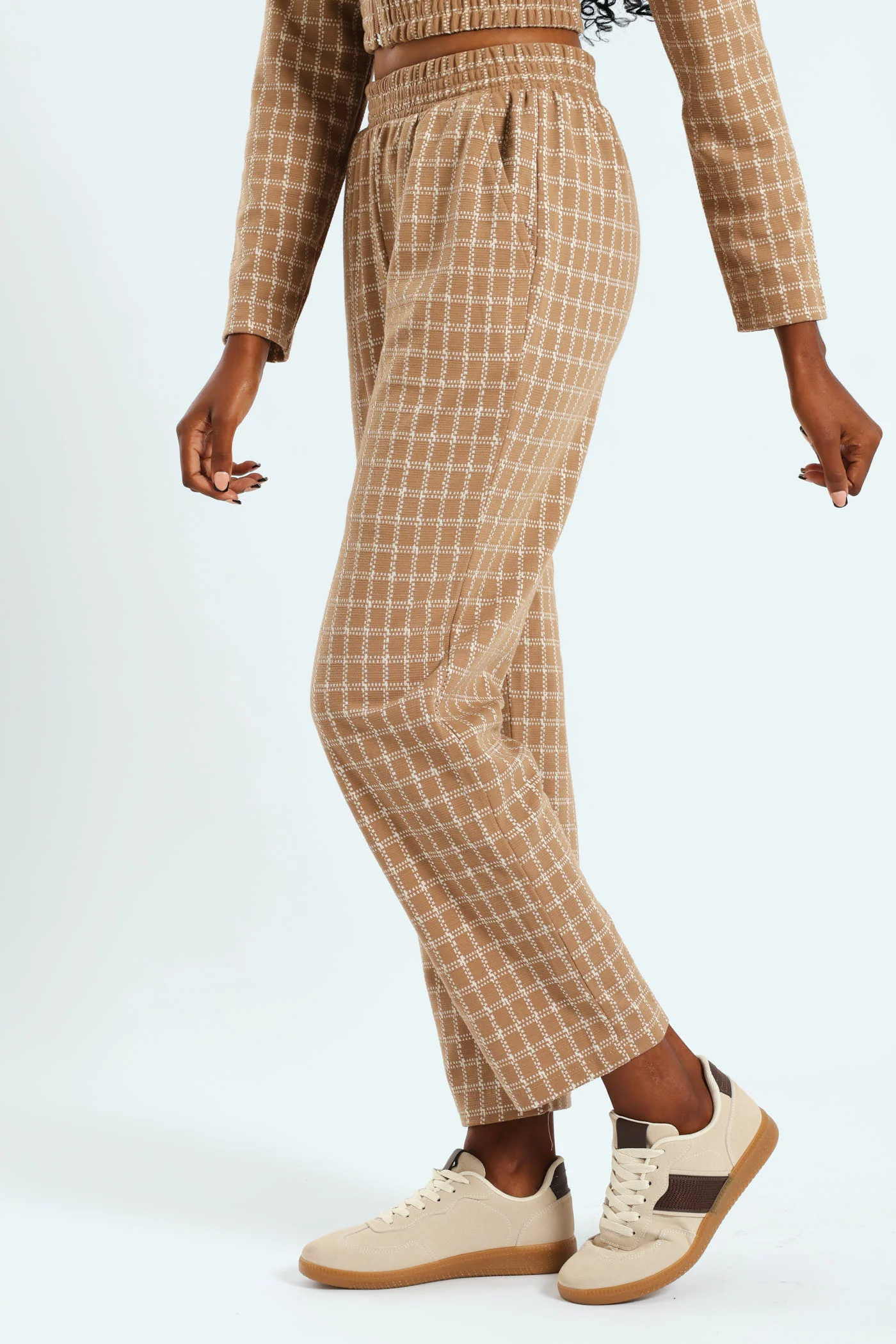 Check Slim Leg Elasticated Pants - Beige/Cream - Image 4