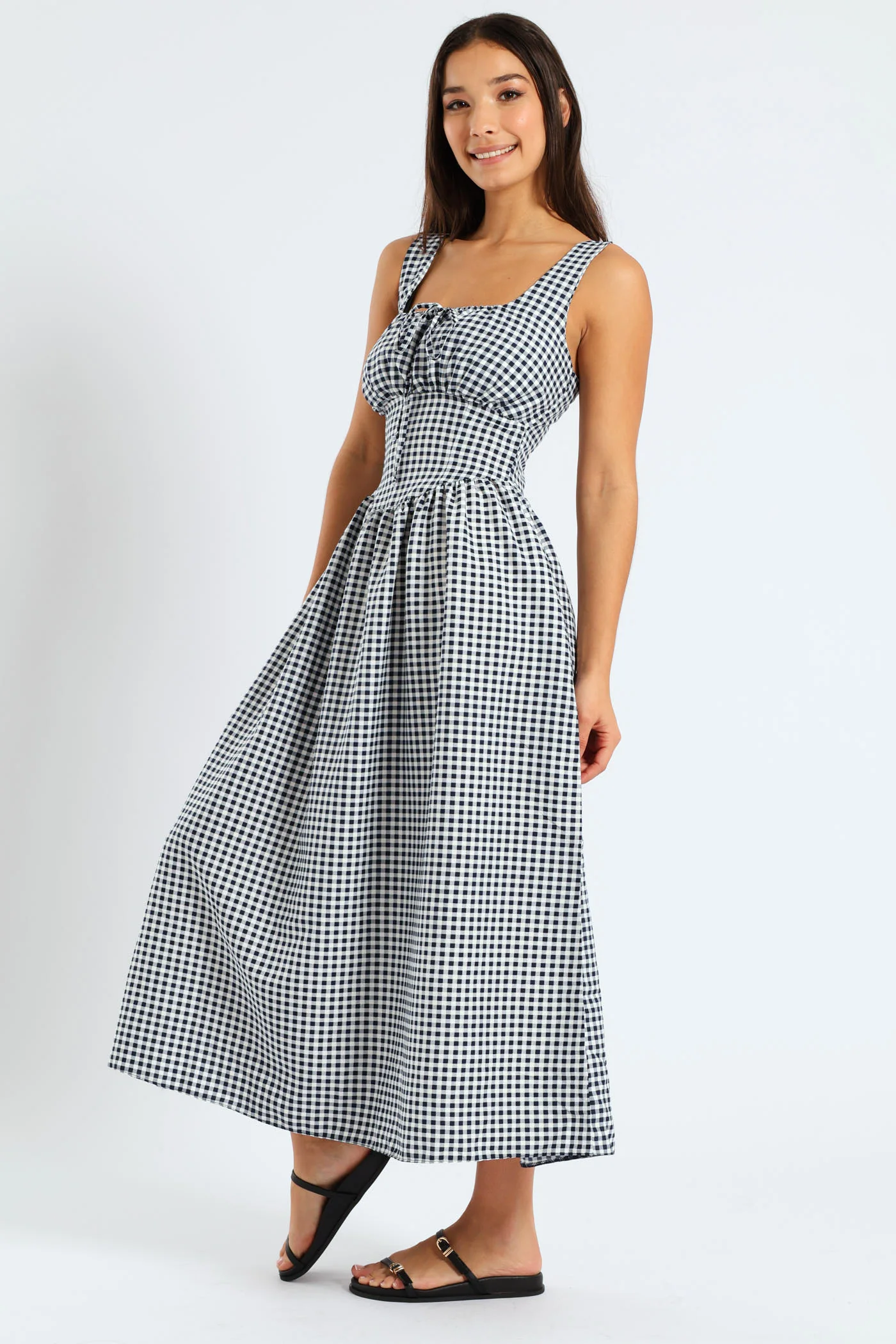 Check Woven Crinkle Maxi Dress - Navy/White - Image 5